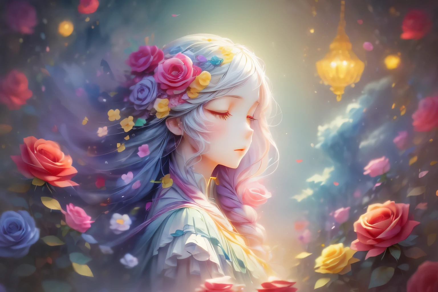(1 girl,Side face beauty,long colored hair,close eyes,masterpiece roses),Rainbow color background, (illustration:1.2,paper art:1.2, tangled:1.2, 3d rendering),(best quality, detailed details, masterpiece, official art, Lighting effects, 4k, chiaroscuro)