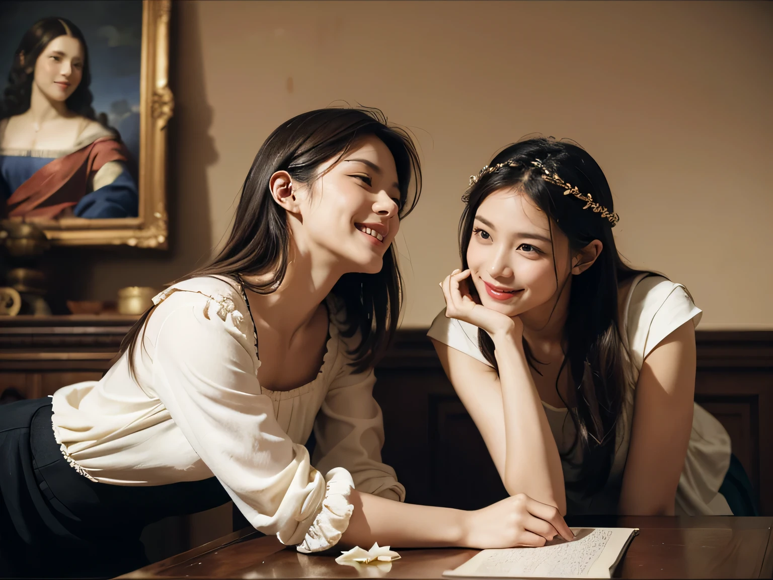 Giorgione&#39;s painting style,Discussion between two female philosophers,math、astronomical machine、astronaut、roses in vase、fruit、Cute trinkets、smile、ancient greek costume、Ancient Roman landscape in the style of Nicolas Poussin,laughter,,sweet and enchanting appearance.、caravaggio painting、Caravaggio&#39;s Chiaroscuro、My hair was messed up by the wind,two women having fun,cute smile, expression of ecstasy,sexy,erotic