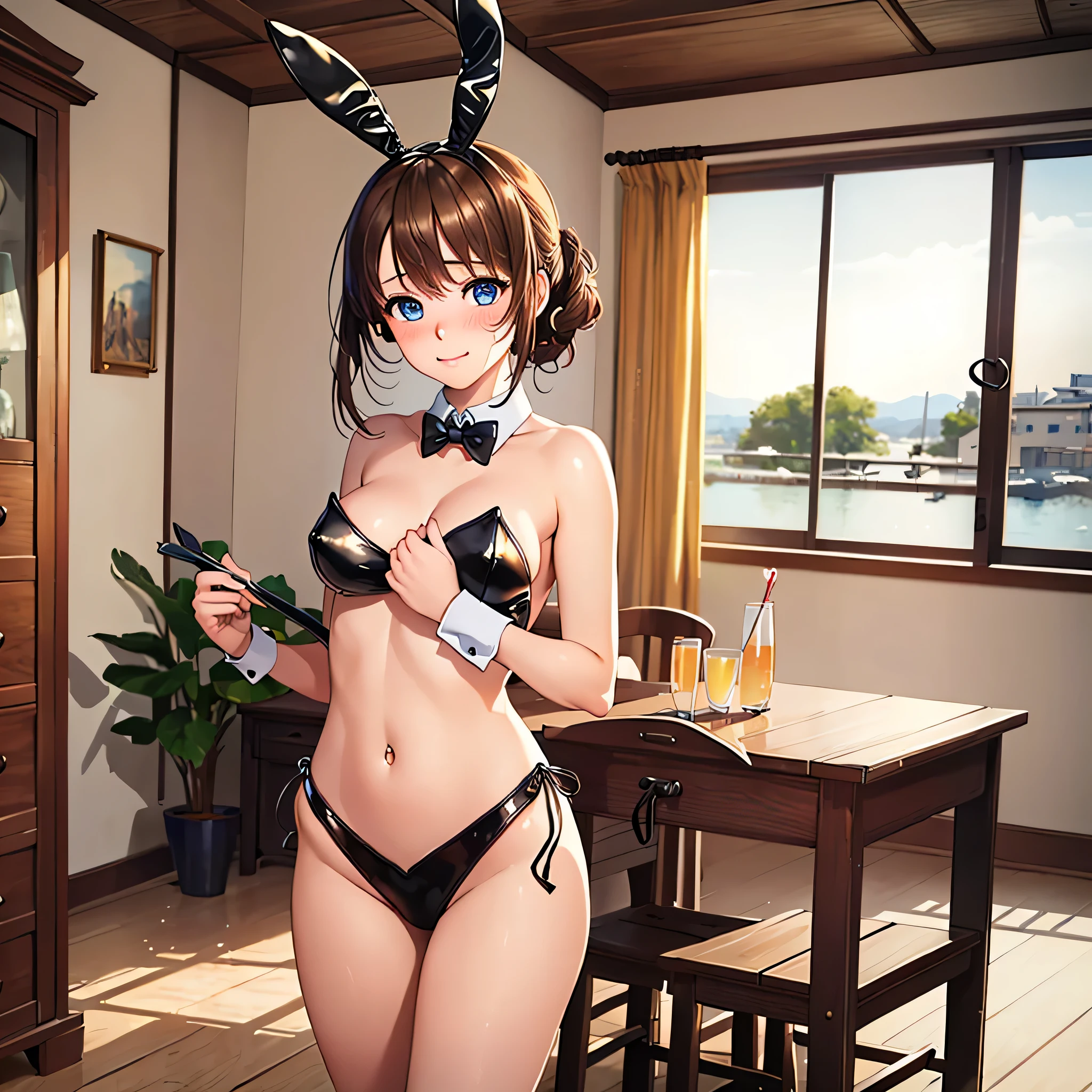 (masterpiece:2.0), (highest quality:2.0), (playboy bunny standing in the room:1.5), (super sexy pose:1.5), (blushing face:1.3), (spill :1.4), (realistic:1.5), 1 , accurate hands, embarrassed look, light smile, Very cute girl, , clear eyes, shining eyes, small breasts, I can see the side boob, I can see the cleavage, I can see your butt, beautiful skin, Super fine, highest resolution, Japanese high school student, brown hair