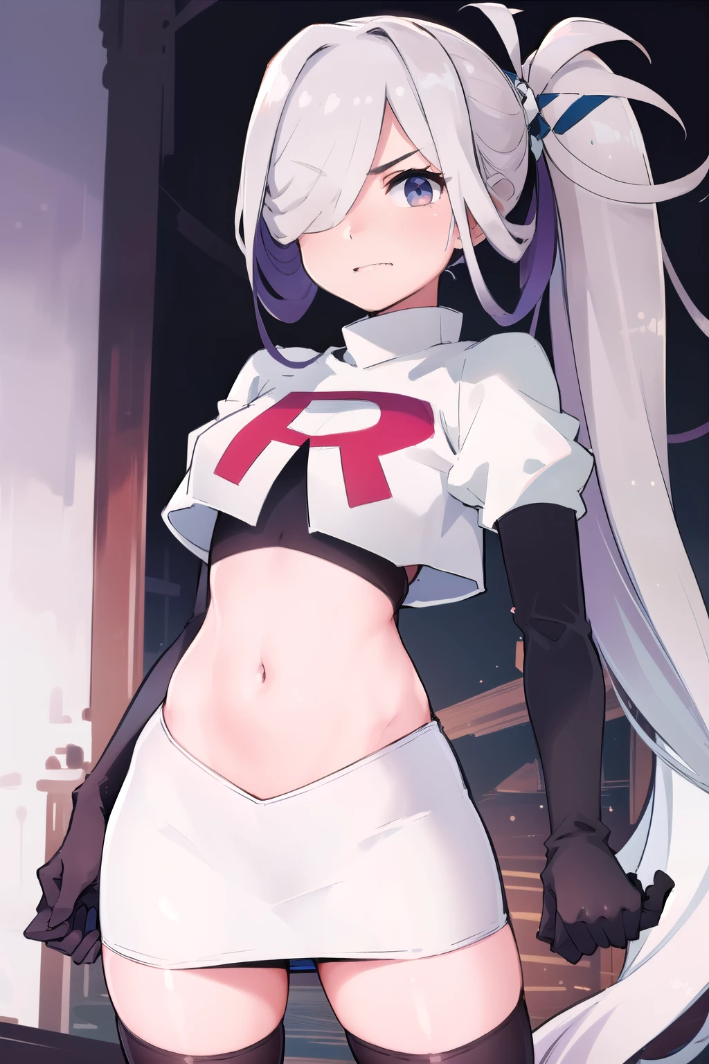 (masterpiece, best quality:1.2), cowboy shot, solo, 1girl, asashimo, sharp teeth, looking at viewer, hair over one eye, ahoge, ponytail, team rocket,team rocket uniform, red letter R, white skirt,white crop top,black thigh-highs,black elbow gloves