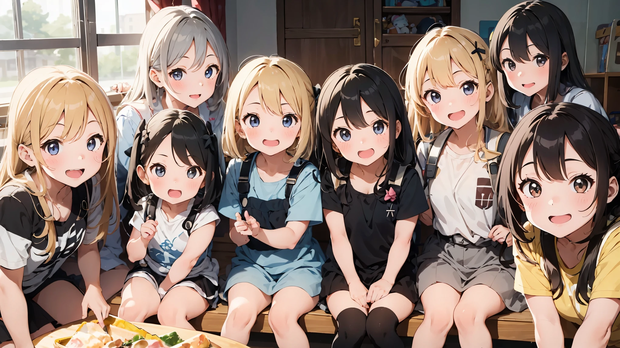(:1.5), (toddler:1.5). (Six girls: 1.5),They sit together, smiling happily , (:1.5), (toddler:1.5).