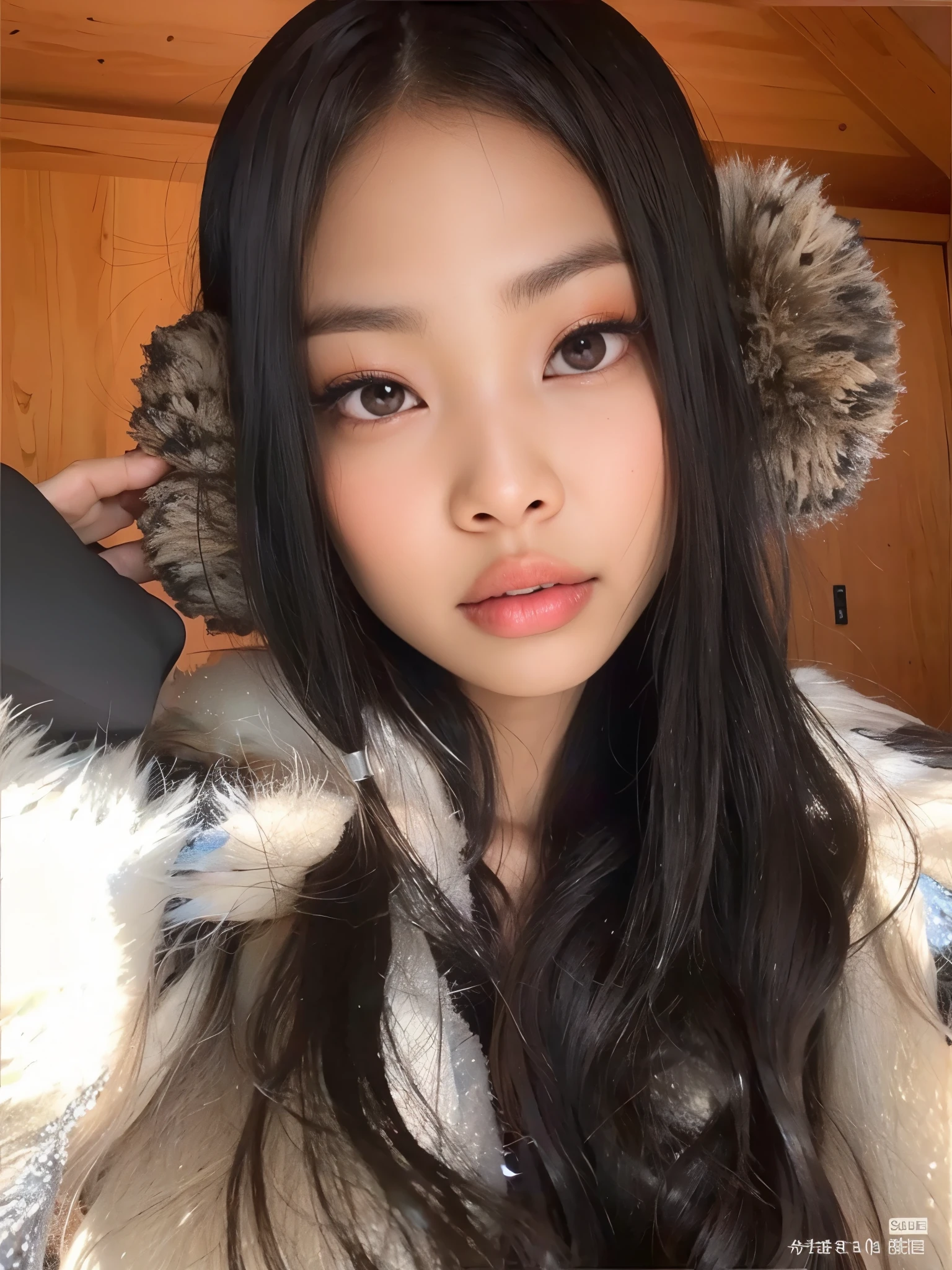 um close up de uma mulher negra com longos cabelos pretos usando um casaco de pele, dark skin linda Delphine, young cute wan asian brown skin face, Rosto bonito das meninas japonesas pele negra, curly hair, e olhos grandes, Asian mixed african face, Beautiful Asian mixed african girl, Shikami, Sui Ishida com cabelo preto, jennie blackpink, Deusa japonesa, Xision Wu, young adorable korean mixed african face, japanese facial features