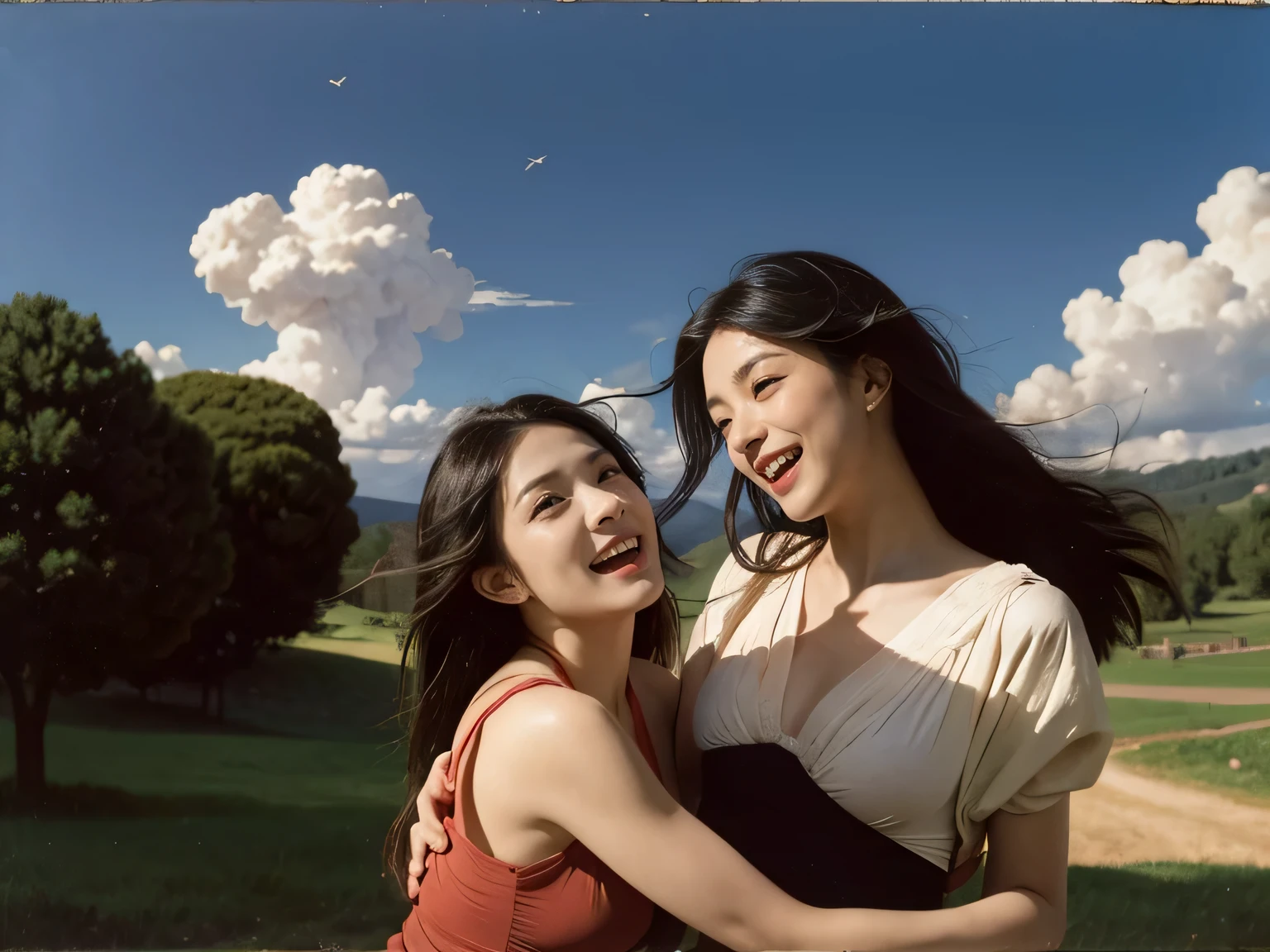 Ancient Roman landscape in the style of Nicolas Poussin,laughter,,Sweet and seductive appearance.、Caravaggio's paintings、Chiaroscuro of Caravaggio、hair tousled by the wind,Two women frolicking,cute smile, expression of ecstasy,Sexy,erotic