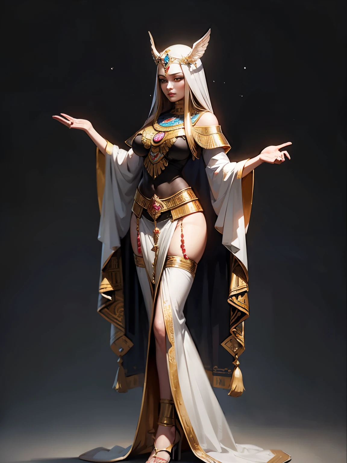 Egyptian priestess wearing ornamented intricate ornate, ancient goddess, detailed, egyptian clothes, imposing, full length, full body, centered composition, concept character, slot machine game character, digital painting, illustration, ((light grey background)), blurry background, visible feet 
