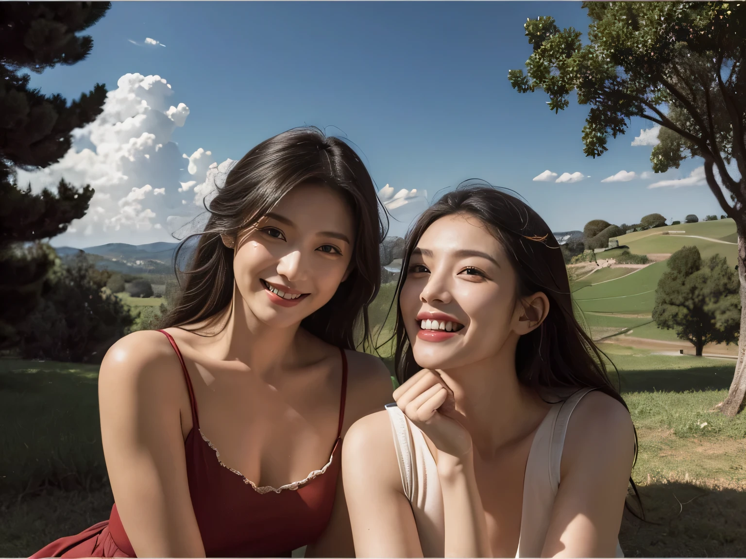 Ancient Roman landscape in the style of Nicolas Poussin,laughter,,Sweet and seductive appearance.、Caravaggio's paintings、Chiaroscuro of Caravaggio、hair tousled by the wind,Two women frolicking,cute smile, expression of ecstasy,Sexy,erotic