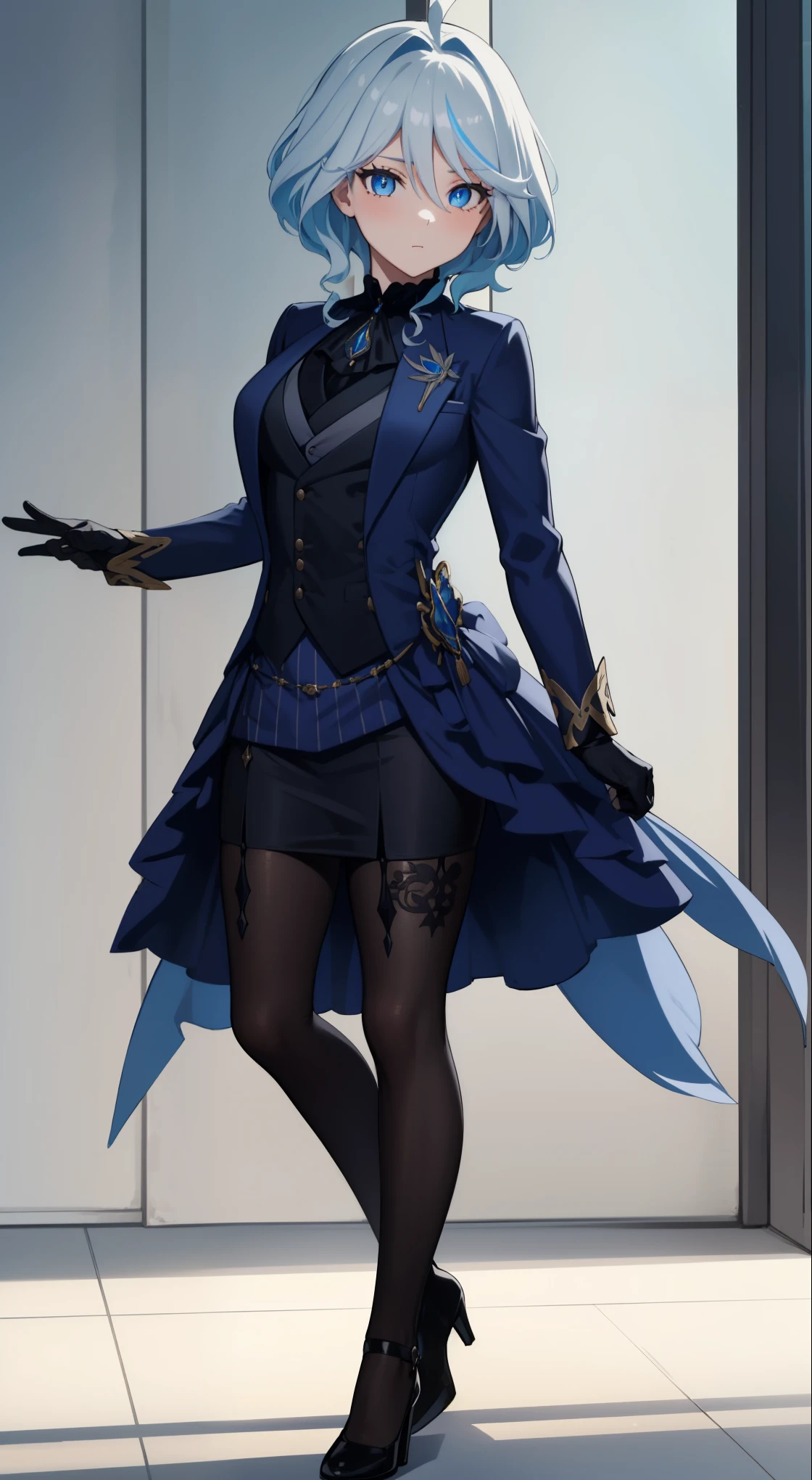 furin, furin в полный рост, Blue eyes, blue hair, pappus, Ahoge, hair over one eye, light blue hair, short hair,
break asymmetrical gloves, black gloves, long skirt suit, (((Troika costume))), (((tie))), blazer, (((blazer))), (((vest))), double-breasted vest, tight hobble skirt with heels, hobble pencil skirt, hobble,black heels,
break looking at viewer,
break indoors,
break (Masterpiece:1.2), Best quality, A high resolution, unity 8k wallpaper, (Illustration:0.8), (beautiful detailed eyes:1.6), very detailed face, perfect lighting, Extremely detailed computer graphics, (perfect hands, Ideal Anatomy),