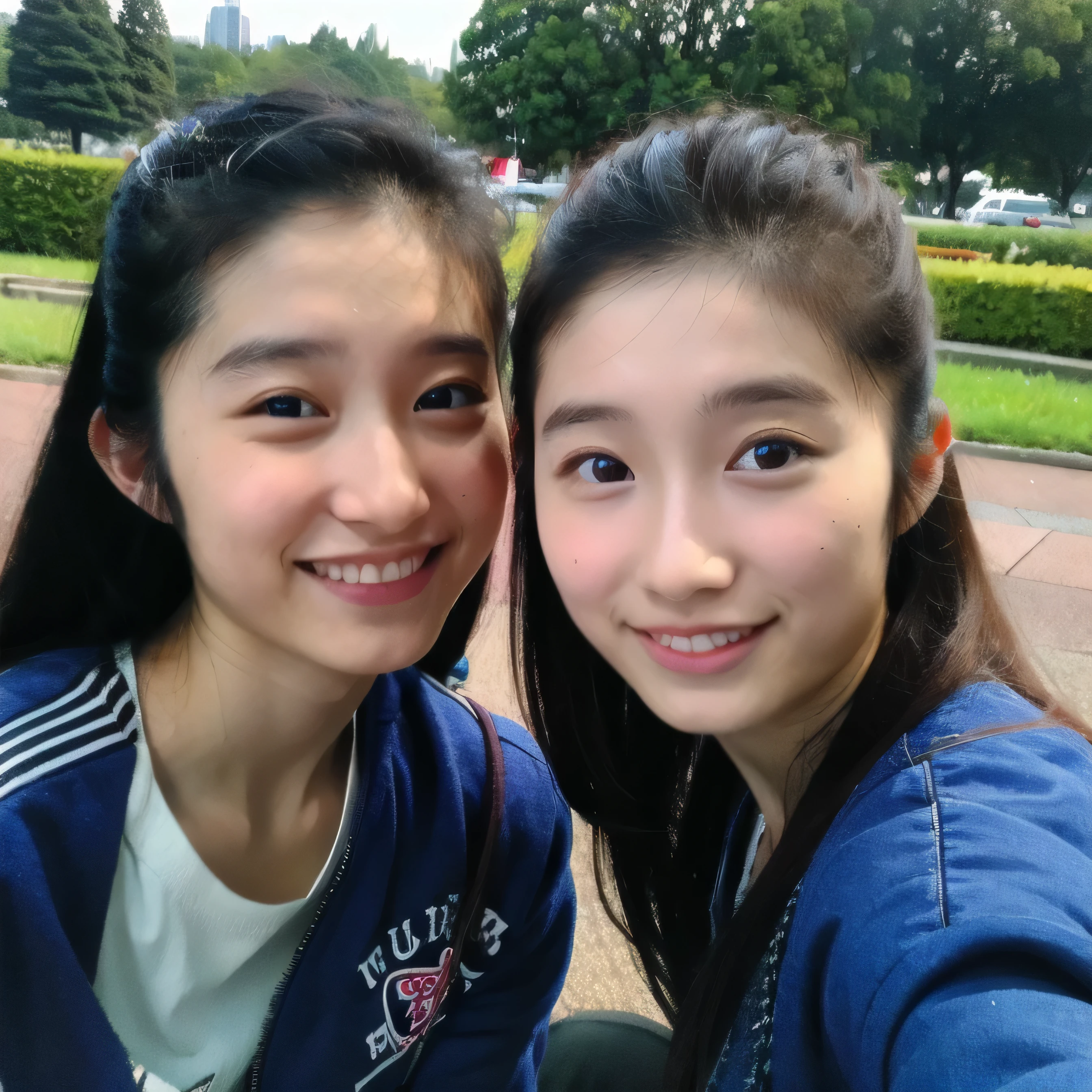 identical twin sisters kissing、very realistic，anatomically accurate,The most beautiful woman here，at the park，4086kbit，extreme details，realistic skin texture，Blue stajan、modern cute high school girl、highly detailed face、highly detailed eyes、very realistic skin、 highly detailed fingers, highly detailed nose, highly detailed mouth, Yua Mikami，，Yui Aragaki，Mitami Hamabe