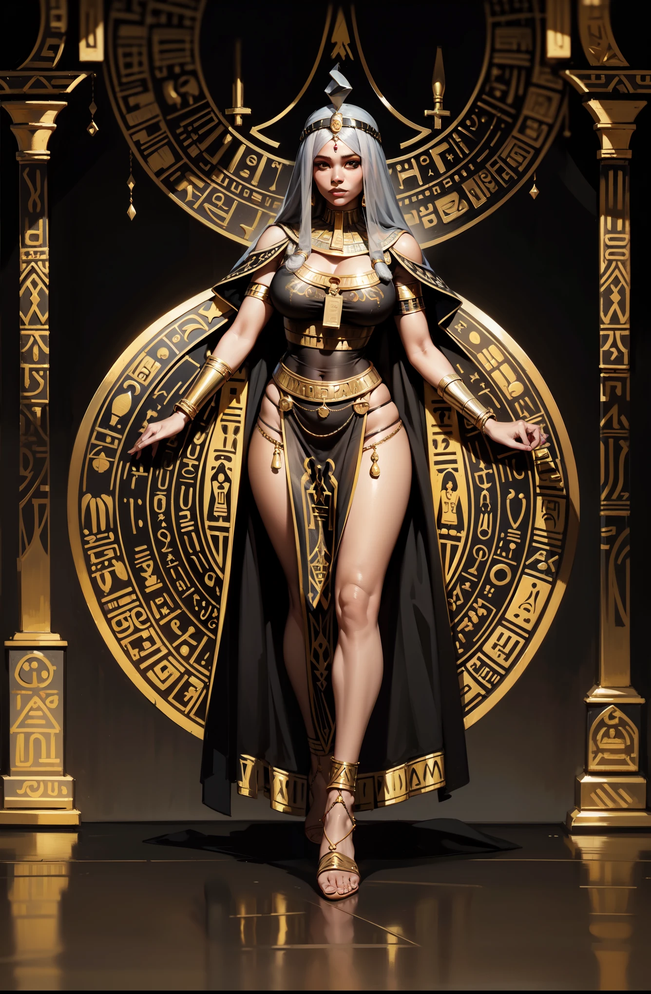 Egyptian priestess of Anubis wearing black and gold ornamented intricate ornate, ancient goddess, detailed, egyptian clothes, black emma watson as egyptian, imposing, full length, full body, concept character, slot machine game character, digital painting, illustration, ((light grey background)), blurry background