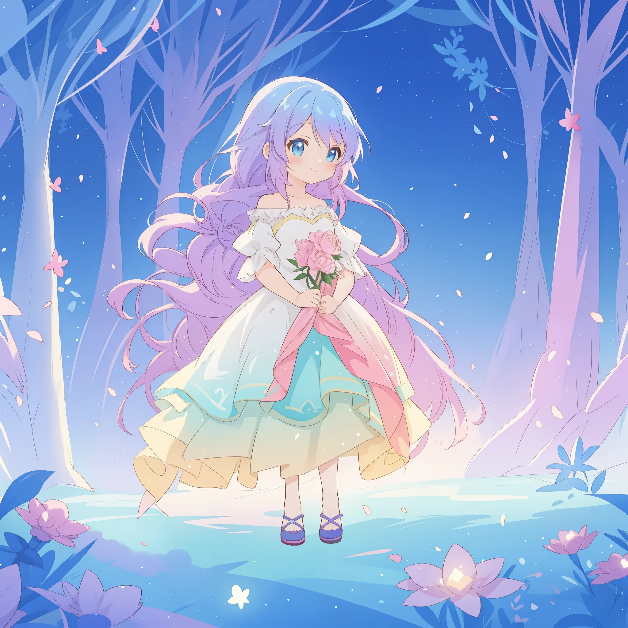 Nice girl in gradient layered fantasy dress, langes wallendes blau-lila Haar, bunter Fantasiehintergrund, Aquarell-Illustration, Disney-Kunststil, leuchtende Aura um sie herum, leuchtende Lichter, Nice digital illustration, Fantasie jenseitige Landschaft Pflanzen Blumen, Nice, Meisterwerk, best quality, Anime-Disney-Stil
