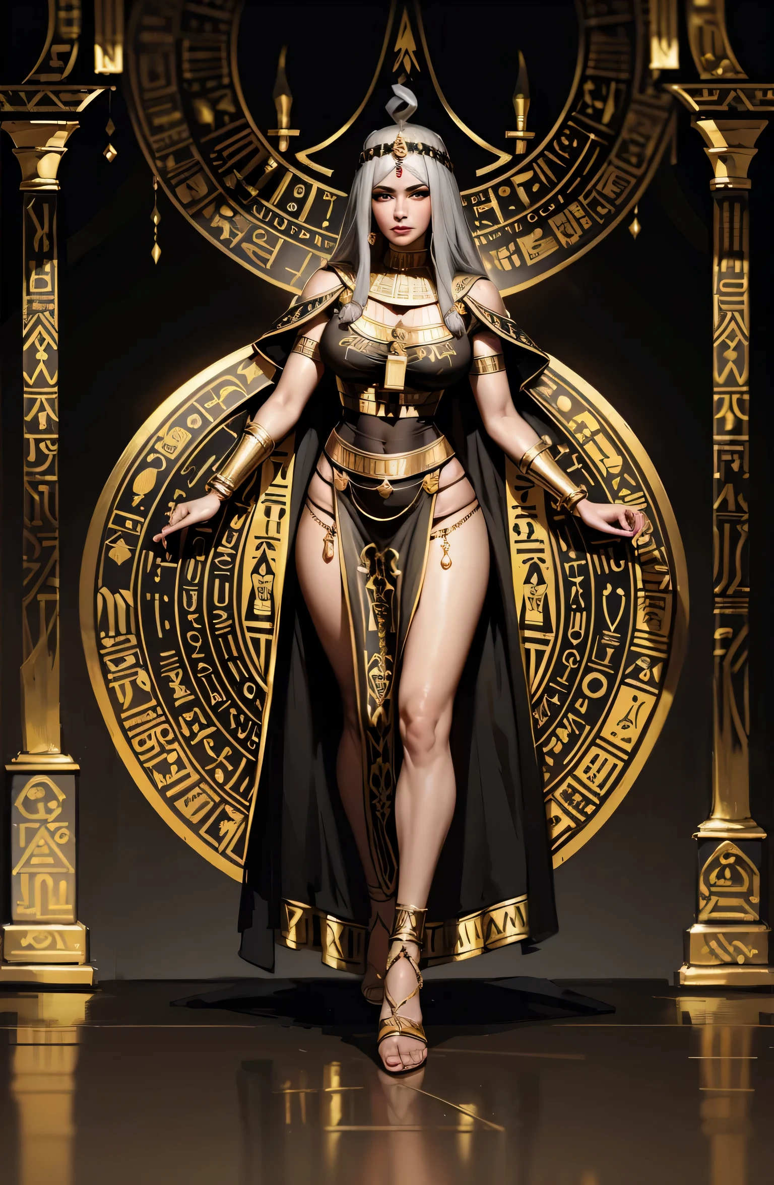 a young black woman, with afro hair, who wears veils and jewelry from ancient Egypt, with a perfect body, large breasts. She is wearing clothes typical of the time of the pharaohs. The design is in a general plan, with the background being ancient Egypt, with hieroglyphics and details of the wealth of the time. The desert and the sun are in the background. The drawing is realistic and shaded and shows the woman drawn from head to toe.