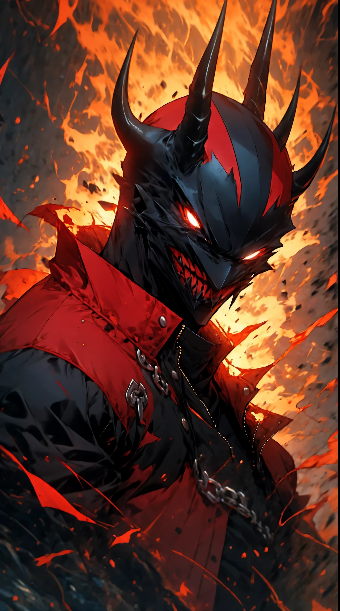 (1boy, Ghostrider), (extremely detailed CG unit 8k wallpaper),(master part), (best quality), (ultra detail), (best illustration),(wanostyle), cowboy shot, (Sharp eyeliner, ombre, detail eyes), dark dungeon interiors background, ,break , (gothichorrorai), a flaming skull head, studded leather jacket, chains, embers, hellfire,