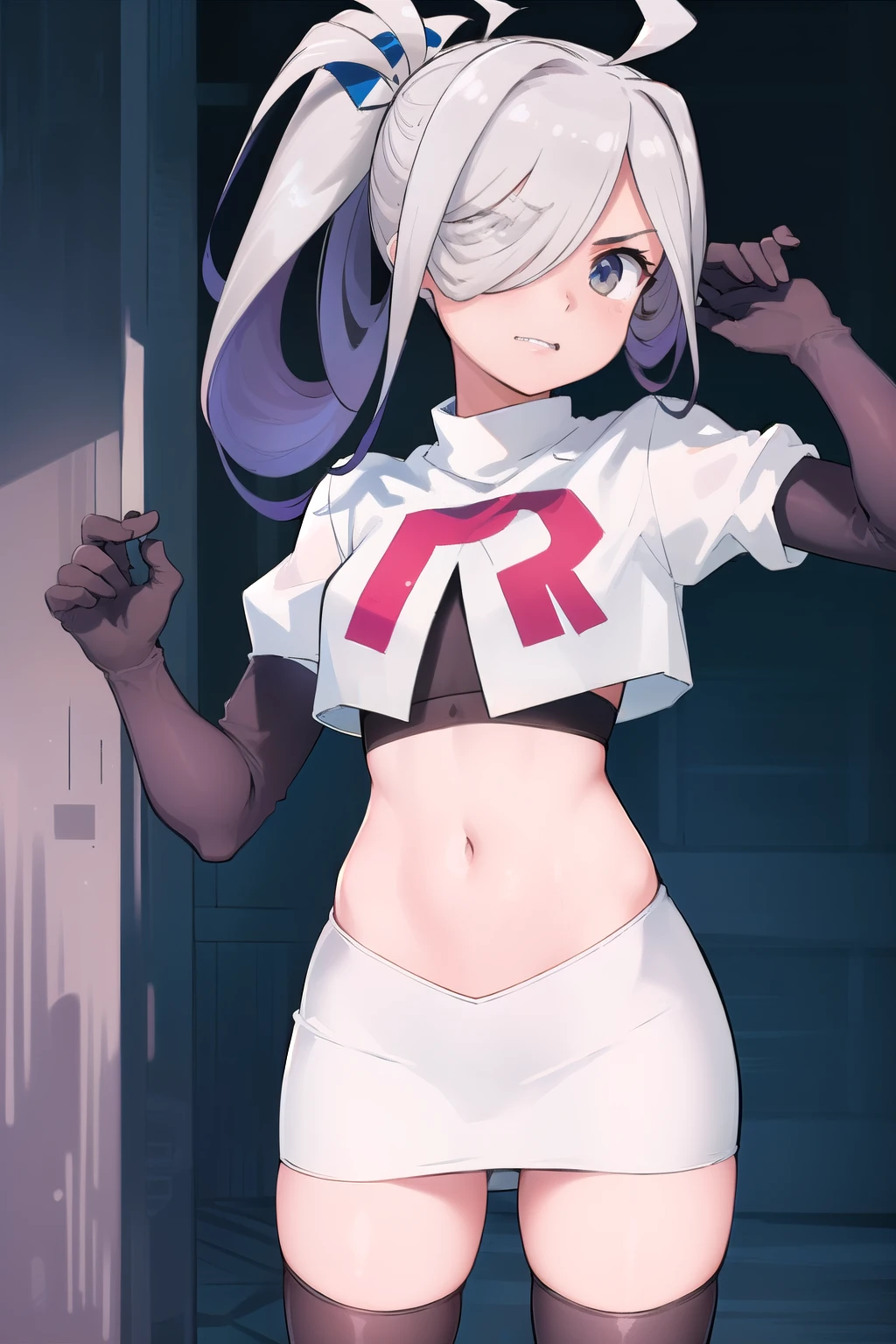 (masterpiece, best quality:1.2), cowboy shot, solo, 1girl, asashimo, sharp teeth, looking at viewer, hair over one eye, ahoge, ponytail, team rocket,team rocket uniform, red letter R, white skirt,white crop top,black thigh-highs,black elbow gloves