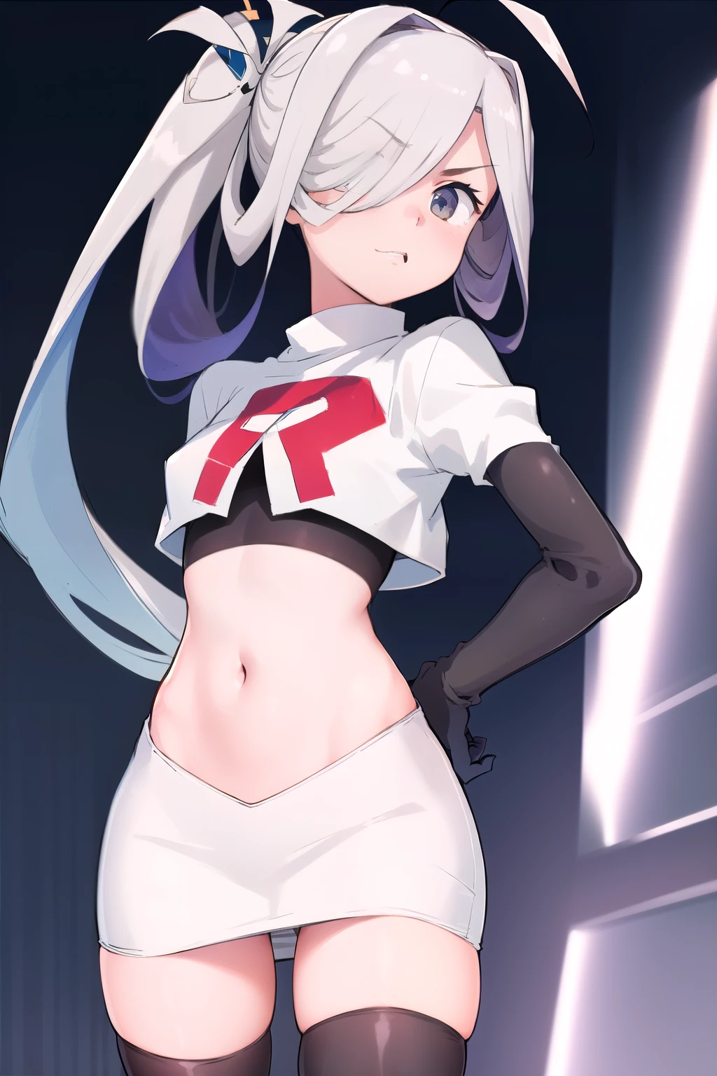 (masterpiece, best quality:1.2), cowboy shot, solo, 1girl, asashimo, sharp teeth, looking at viewer, hair over one eye, ahoge, ponytail, team rocket,team rocket uniform, red letter R, white skirt,white crop top,black thigh-highs,black elbow gloves