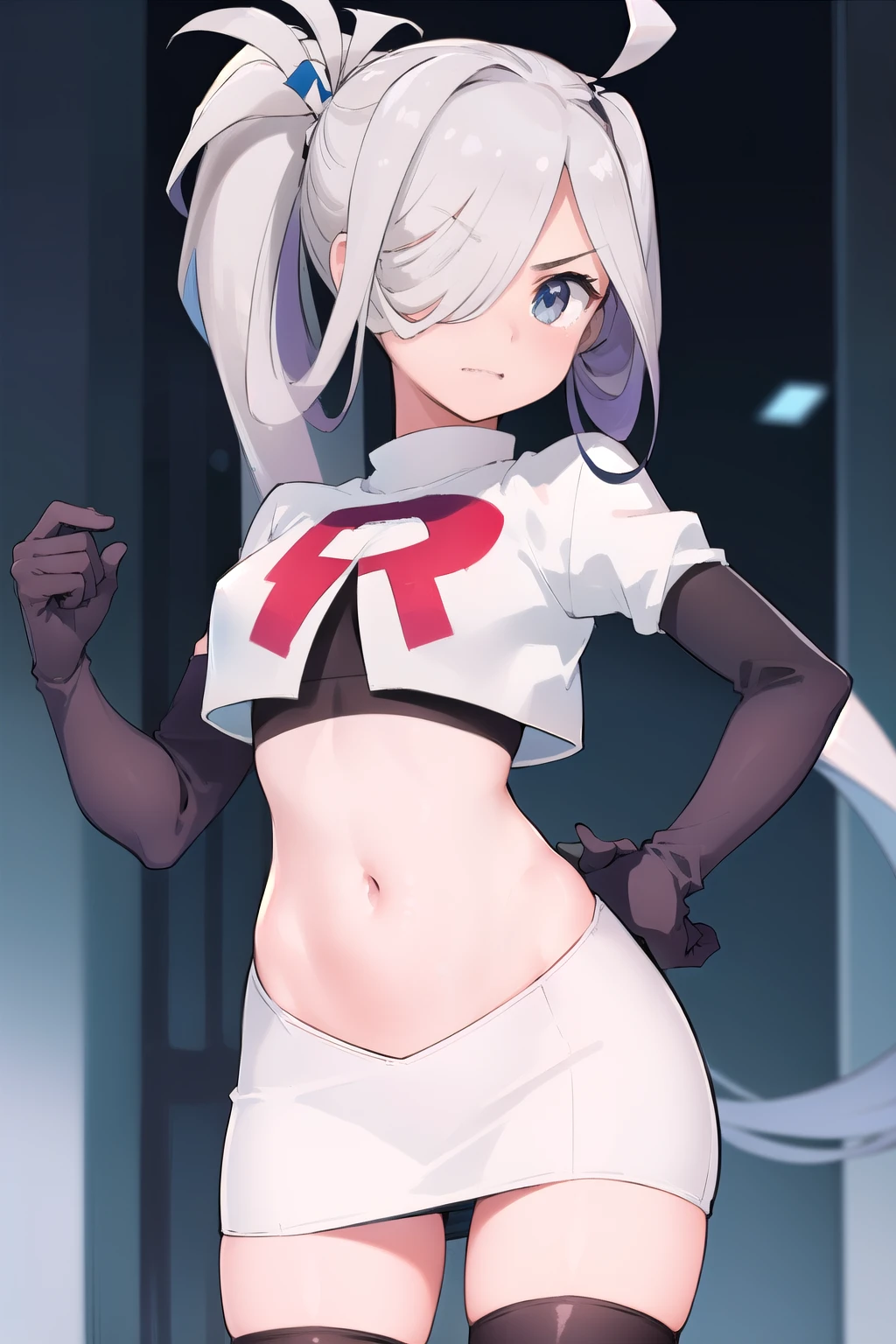 (masterpiece, best quality:1.2), cowboy shot, solo, 1girl, asashimo, sharp teeth, looking at viewer, hair over one eye, ahoge, ponytail, team rocket,team rocket uniform, red letter R, white skirt,white crop top,black thigh-highs,black elbow gloves