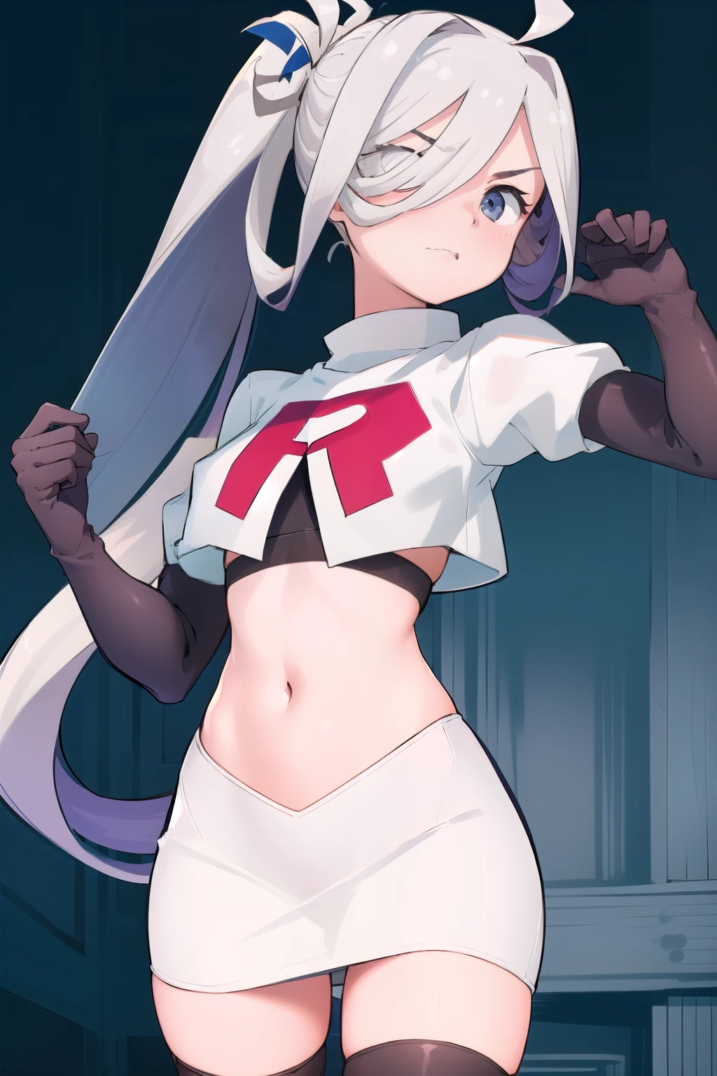 (masterpiece, best quality:1.2), cowboy shot, solo, 1girl, asashimo, sharp teeth, looking at viewer, hair over one eye, ahoge, ponytail, team rocket,team rocket uniform, red letter R, white skirt,white crop top,black thigh-highs,black elbow gloves