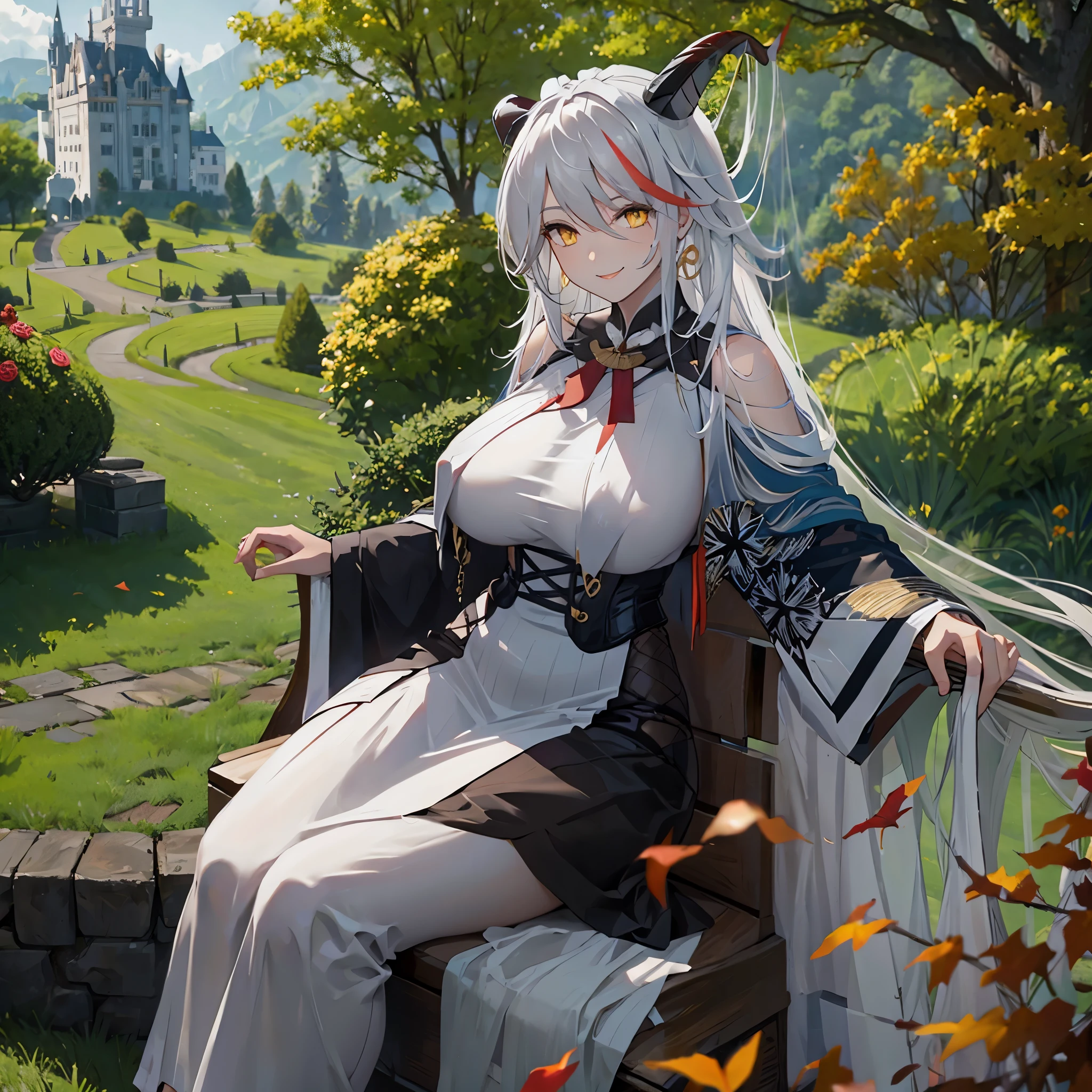 Woman in a white dress with gold details, long silver hair, red bangs, yellow eyes, horns, in the garden of a castle, autumn weather, big breasts, smiling.
