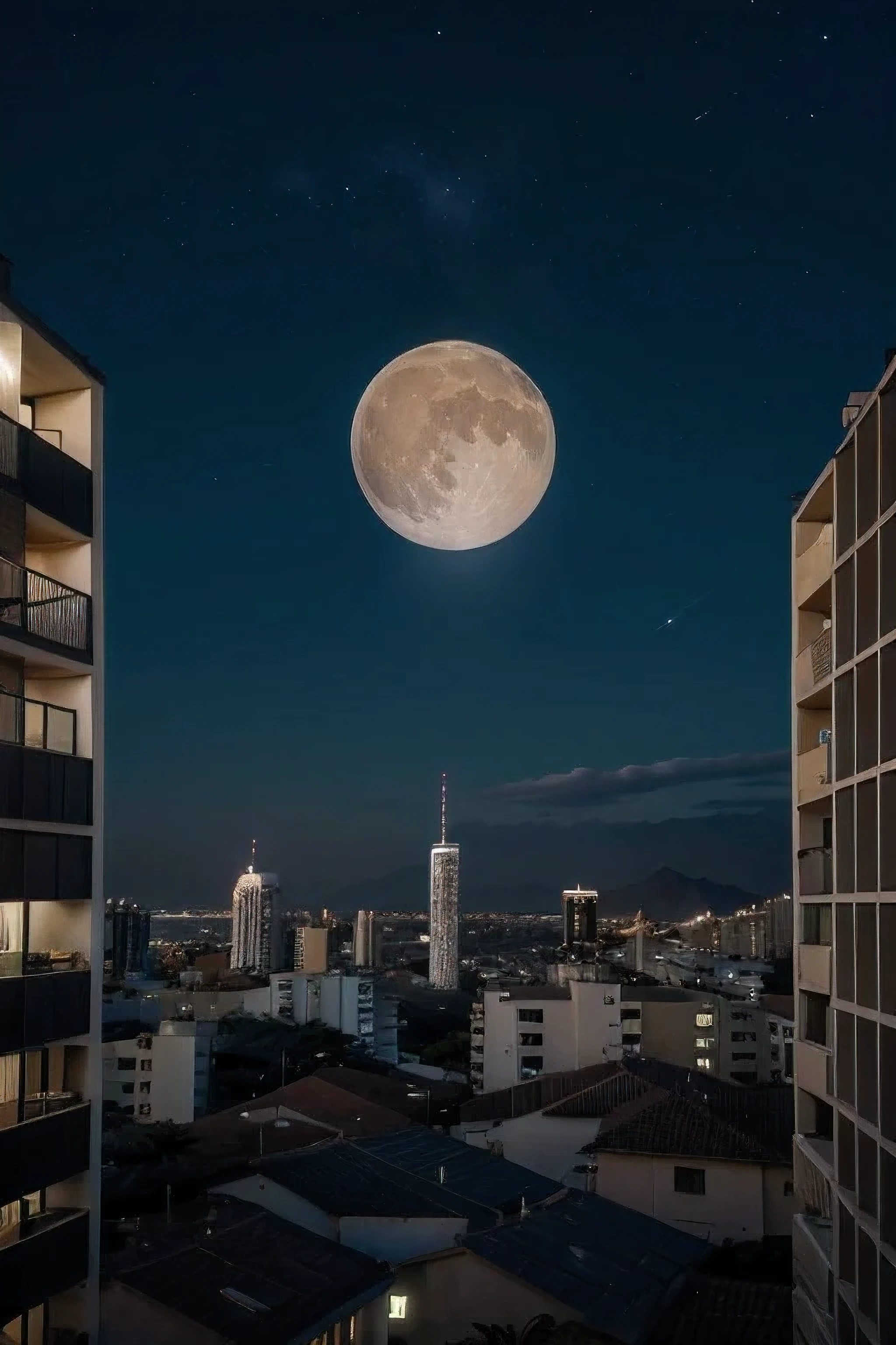 image in 4k 16 aspect ratio:9 paisagem urbana com varios predios a noite com a lua de fundo com o fundo aproximado