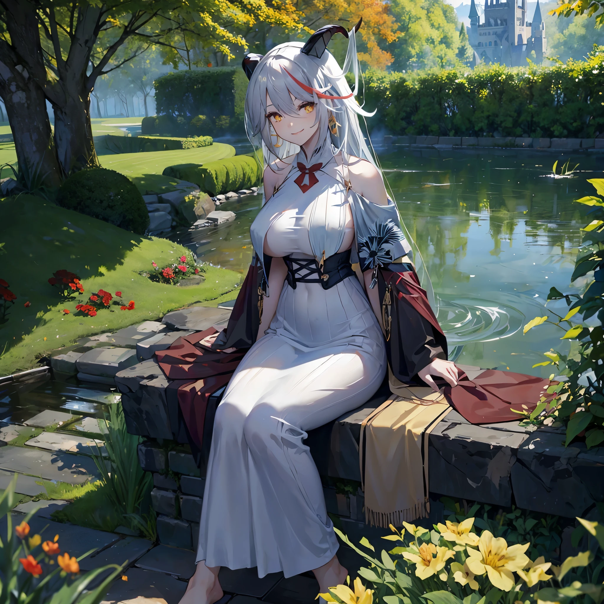 Woman in a white dress with gold details, long silver hair, red bangs, yellow eyes, horns, in the garden of a castle, autumn weather, big breasts, smiling.
