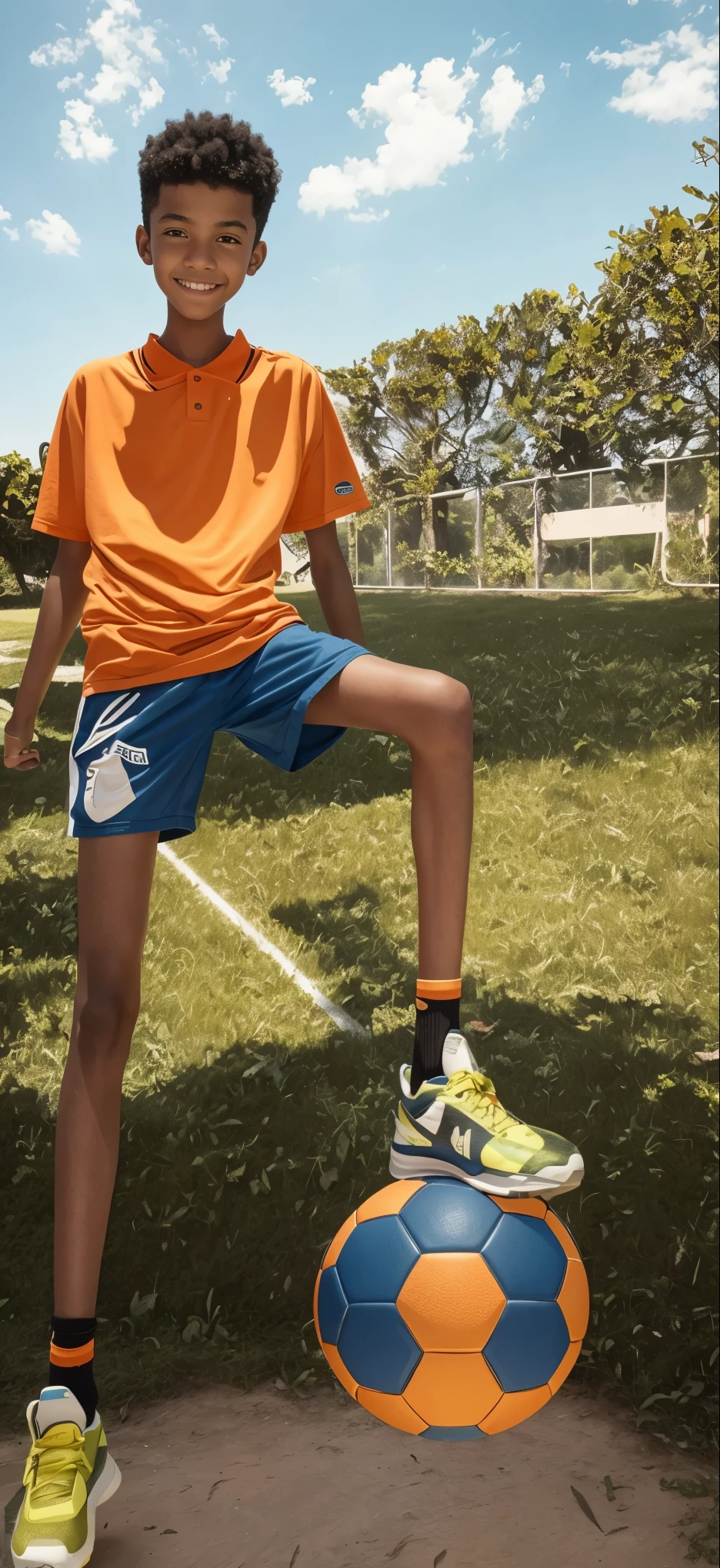 14 year old boy，Light brown skin，blue sports shorts，Bright neon green top，Orange socks，Big round eyes，very short hair，Tall and skinny，full-body shot，a junior high school student，toothy smile，real life，Highest quality，There are no muscle lines，Green Stadium，football