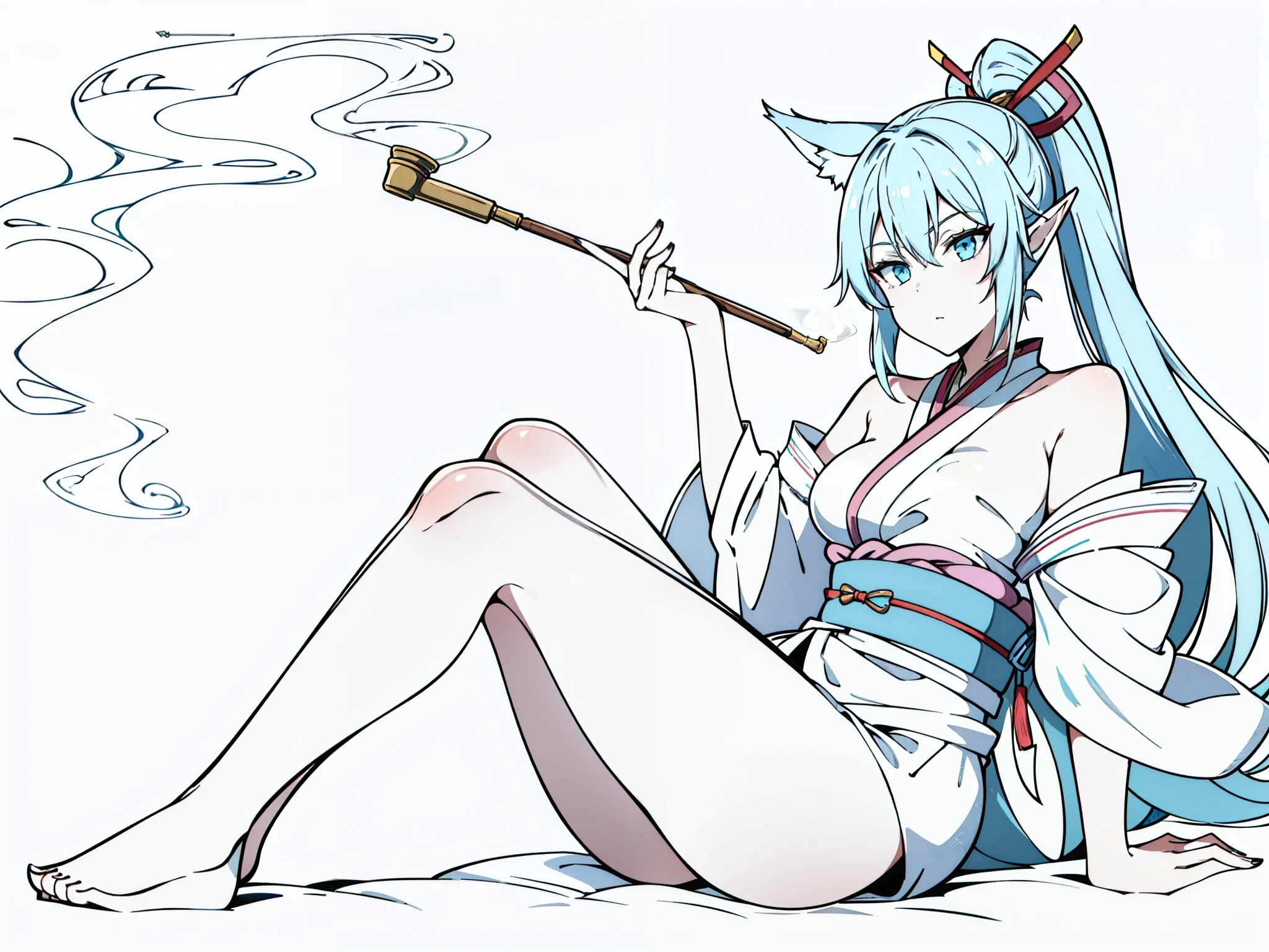 1girl,20s,solo,light blue hair,fox ears,(white background,line drawing),dynamic angle,cheerful,sitting,legs over edge,smoke,elf ears,holding_smoking_pipe,smug,traditional clothing,kimono,laying down,expressionless,ponytail,inside of a house