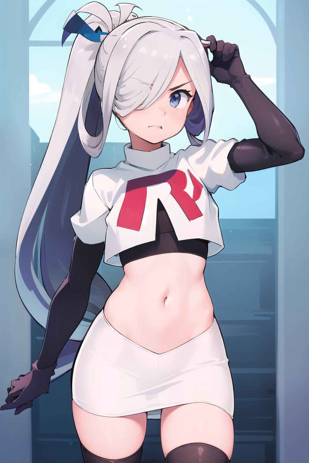 (masterpiece, best quality:1.2), cowboy shot, solo, 1girl, asashimo, sharp teeth, looking at viewer, hair over one eye, ahoge, ponytail, team rocket,team rocket uniform, red letter R, white skirt,white crop top,black thigh-highs,black elbow gloves