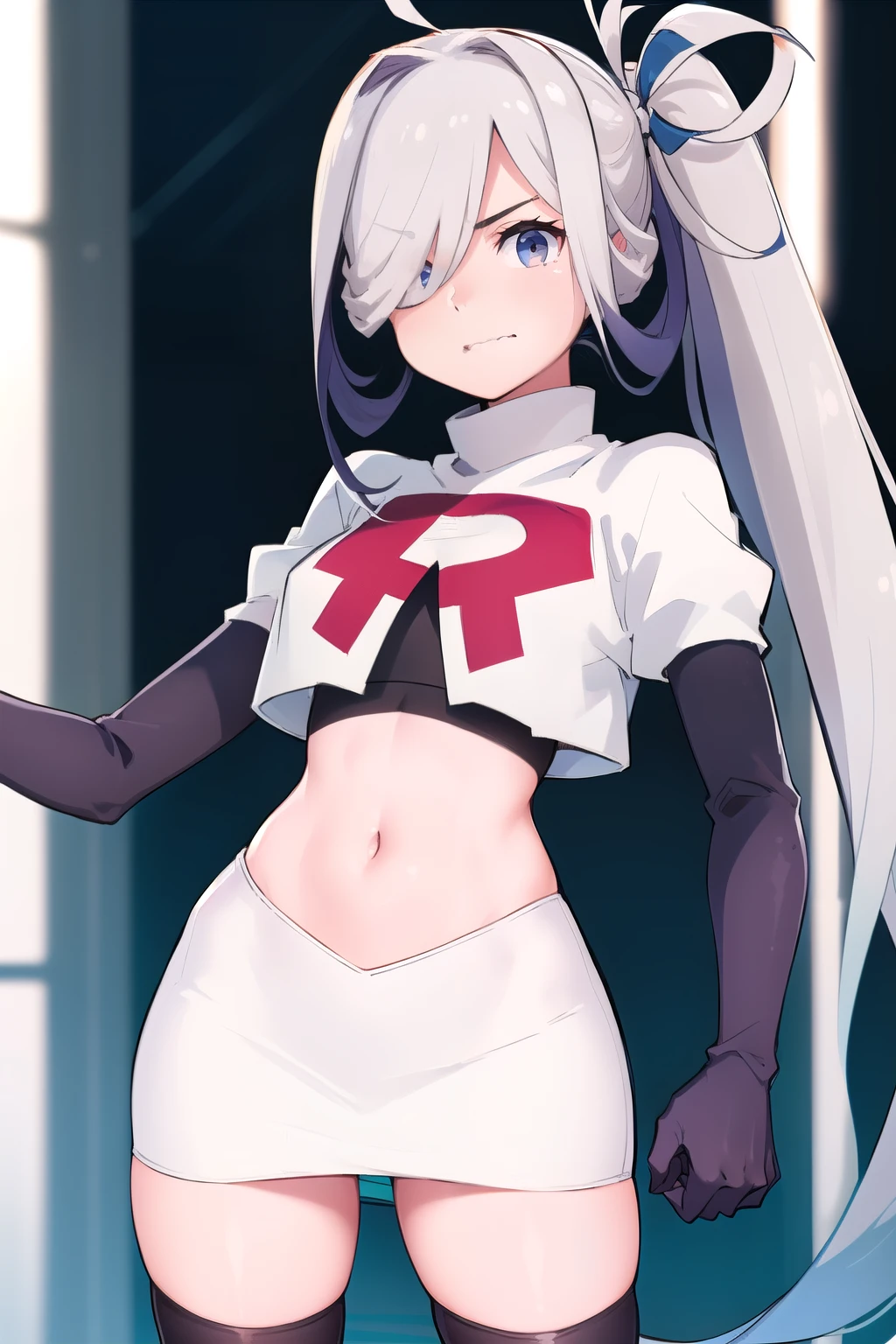 (masterpiece, best quality:1.2), cowboy shot, solo, 1girl, asashimo, sharp teeth, looking at viewer, hair over one eye, ahoge, ponytail, team rocket,team rocket uniform, red letter R, white skirt,white crop top,black thigh-highs,black elbow gloves