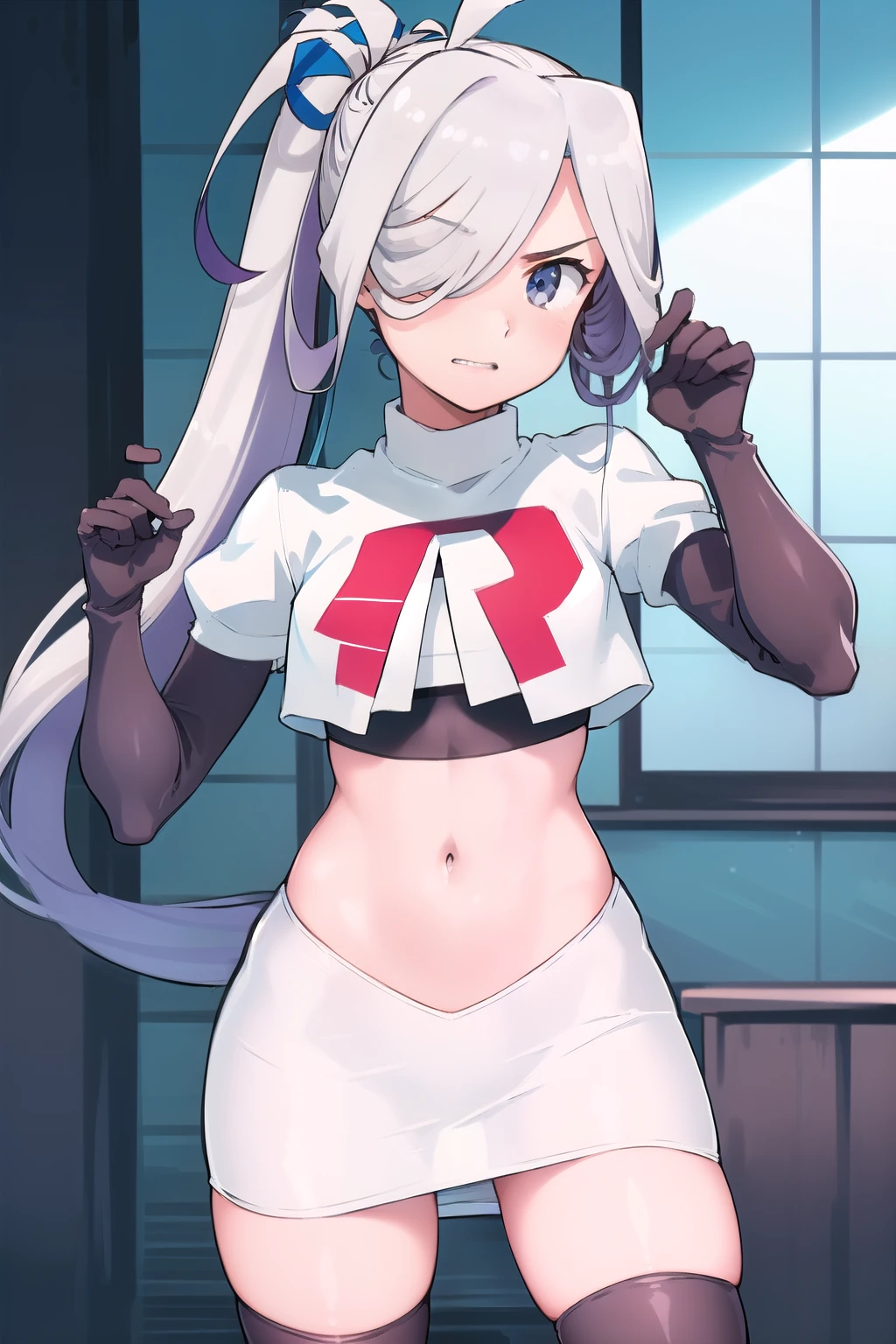 (masterpiece, best quality:1.2), cowboy shot, solo, 1girl, asashimo, sharp teeth, looking at viewer, hair over one eye, ahoge, ponytail, team rocket,team rocket uniform, red letter R, white skirt,white crop top,black thigh-highs,black elbow gloves