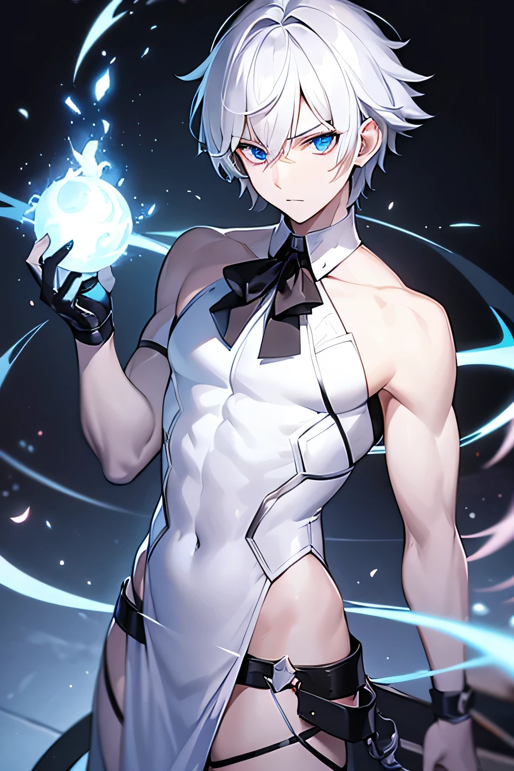 (1boy), (short, disheveled white hair,) (blue eyes), (glowing eyes), (black eyeliner), (anime), (looking at viewer), (controlling), (dominant), (holding black whip), (BDSM accessories), (dark lighting), (master), (villain), (pale skin), (young age). (sexy), (handsome)