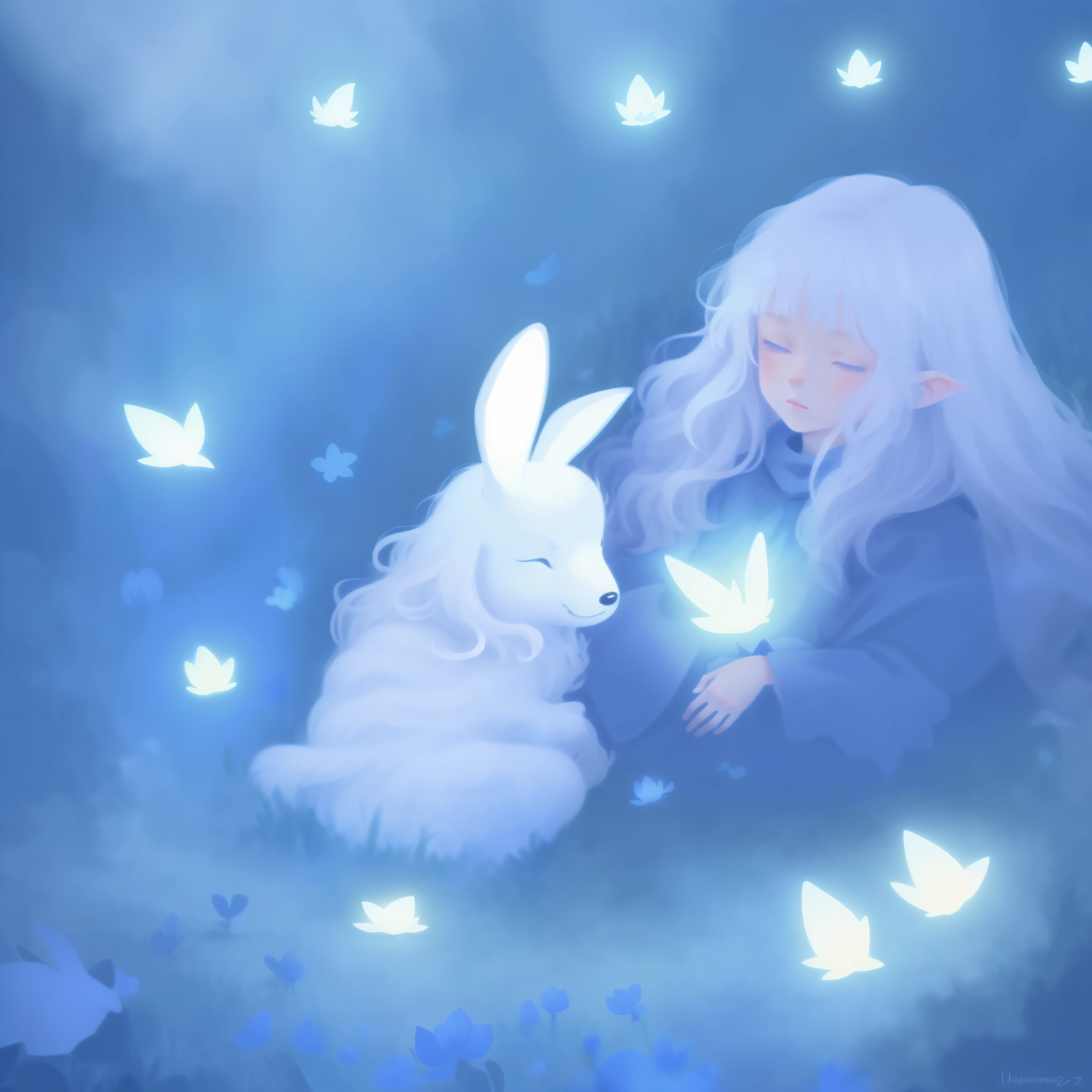 1girl,Braune Haare,Locken,long white hair,Holds a rabbit ear spirit,eBlaue Augen,Libelle,Lotus blatt,Lotusblumen,Das Hemd,Faltenrock,Ein Geist mit Hasenohren hinter ihm,Kapuze in Form eines Hasenohrs,blauer Farbton,KINDERILLUSTRATION,heilen,mit leuchtendem Licht