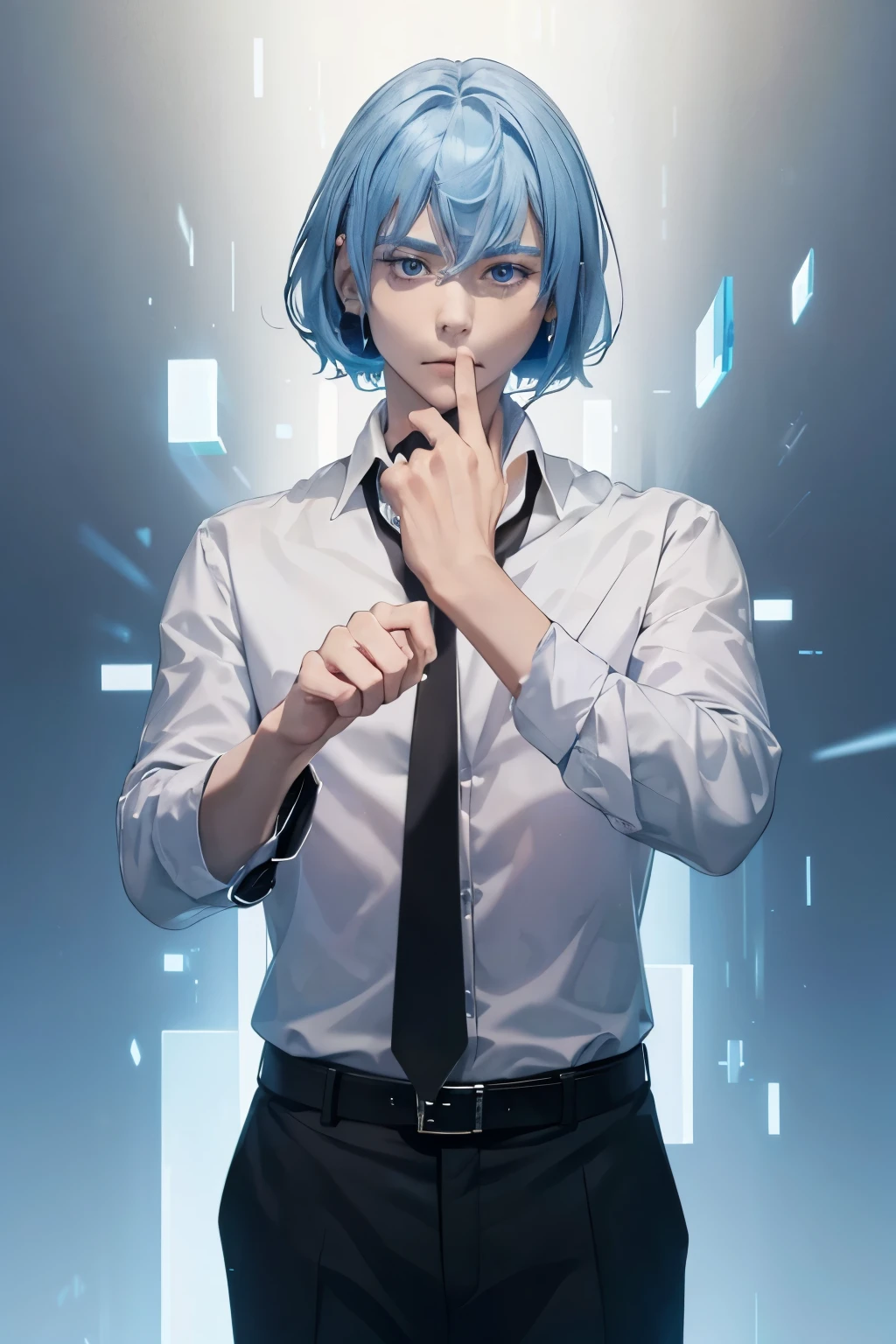 khun aguero agnis,blue eyes, blue hair bob, detailed light from rubiks cube, formal cloths,Ace of hearts in right hand,detailed eyes,masterpiece, best quality, official art, extremely detailed CG unity 8k wallpaper, ultra high res, ultra detailed, zoomed in, 2 colored rubiks cube, detailed background, black themed official room, male,good anatomy, perfect hands,
