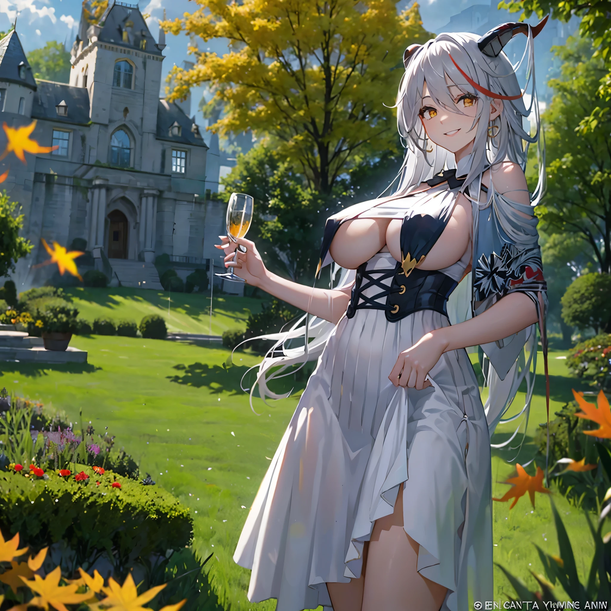 Woman in a white dress with gold details, long silver hair, red bangs, yellow eyes, horns, in the garden of a castle, autumn weather, big breasts, smiling.