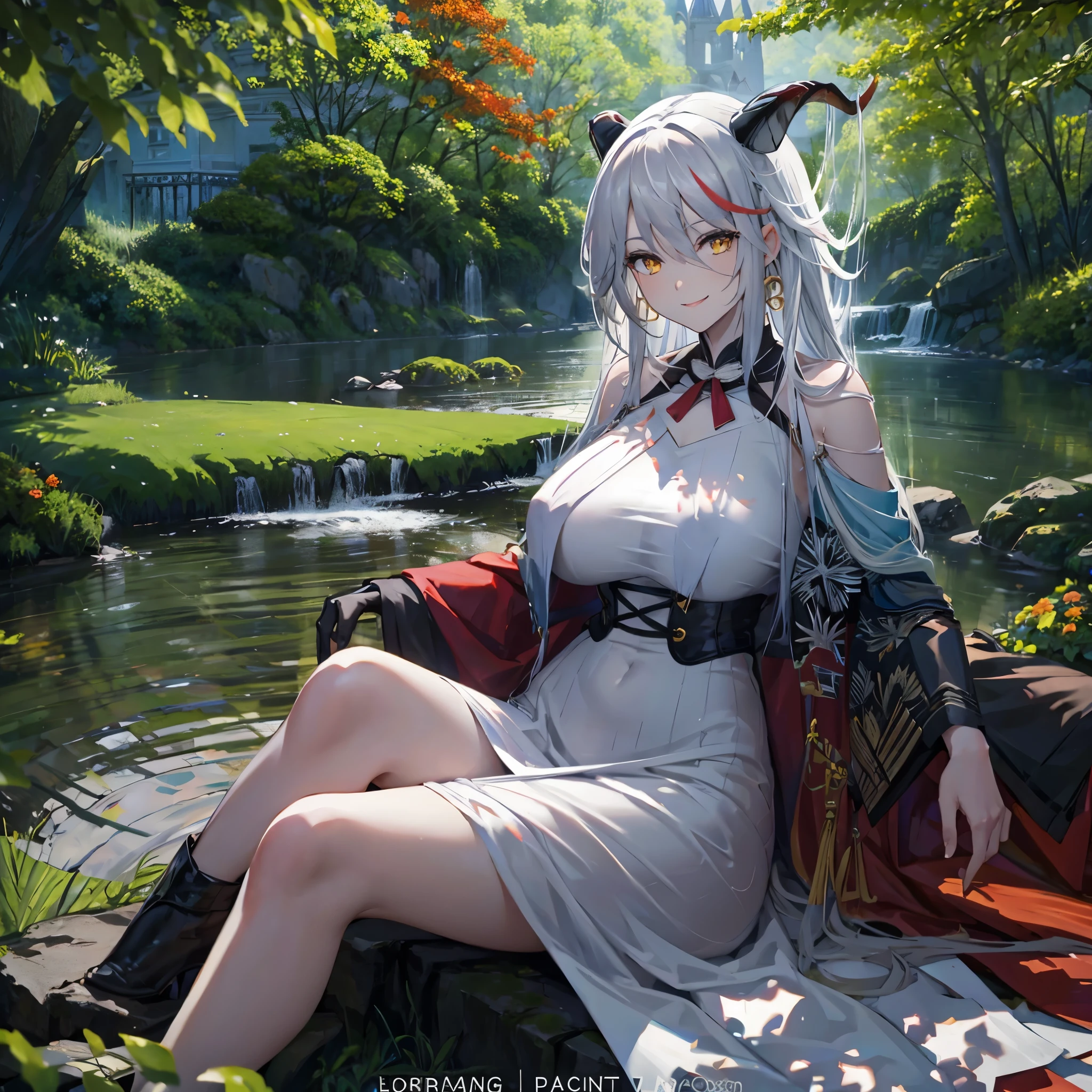 Woman in a white dress with gold details, long silver hair, red bangs, yellow eyes, horns, in the garden of a castle, autumn weather, big breasts, smiling.
