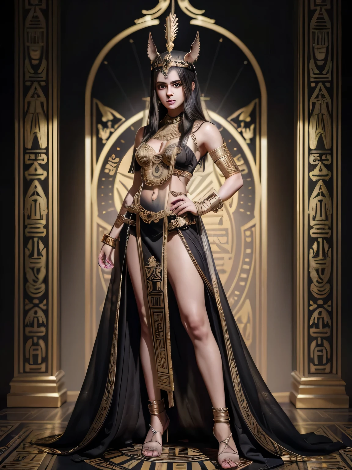 Egyptian priestess of Anubis wearing black and gold ornamented intricate ornate, ancient goddess, detailed, egyptian clothes, black emma watson as egyptian, imposing, full length, full body, concept character, slot machine game character, digital painting, illustration, ((light grey background)), blurry background