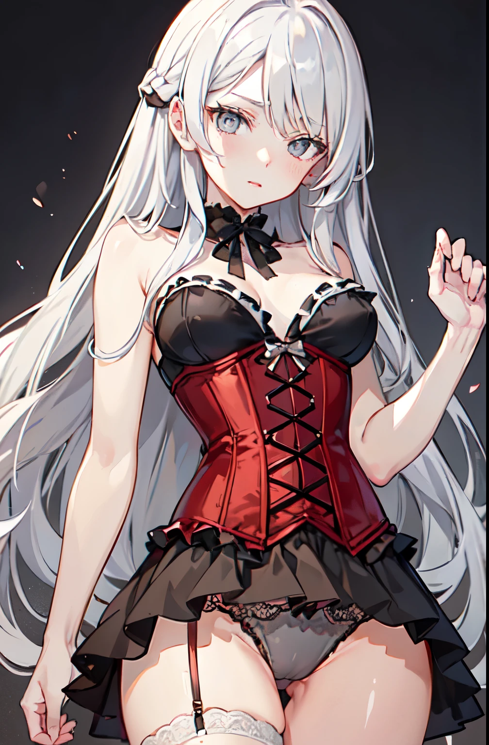 corset, wearing a corset, red corset, frilled panties,, ultra detailed, masterpiece, best quality, aesthetic, detailed,, serious, 1girl, (white eyes:1.1), (grey eyes:1.3), white hair, very long hair, parted hair, parted bangs, medium breasts,