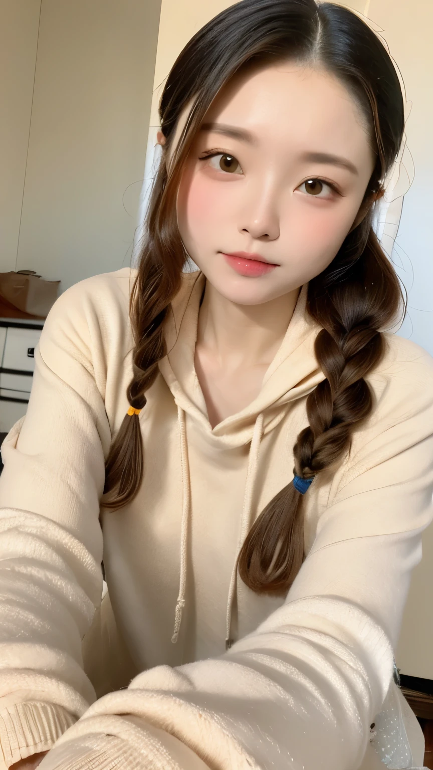 one girl、((smile:0.1))、pretty girl、dark beige hair、baby face、young、delicate girl、Braid、Upper body、small breasts、unreasonable precision、Super detailed、blue shirt、Layering、light orange hoodie、completely flat、Honesty、thin arms, professional lighting, film grain, chromatic aberration, (Eye and face details:1.0), (Bokeh:1.1)、software:1.5)))、 highest quality, 8k, 14 years,