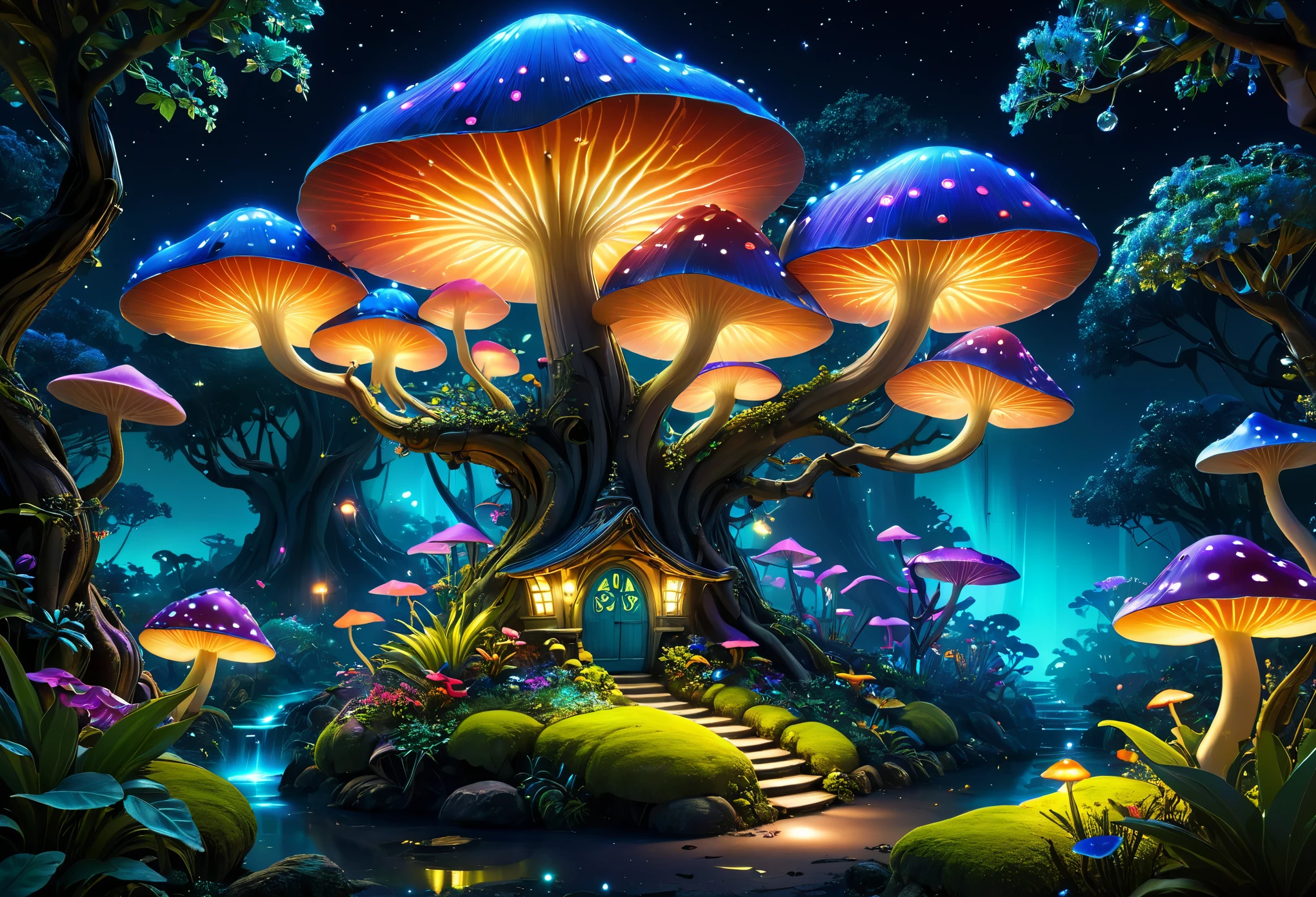 When arriving on the planet Pandora,at night,"Tree of hope" like bioluminescent mushrooms;Can be used as a house to live in、Very colorful,Energetic...... In this "fantasy garden"(best quality,high resolution,masterpiece:1.2),Super detailed,(actual:1.37).