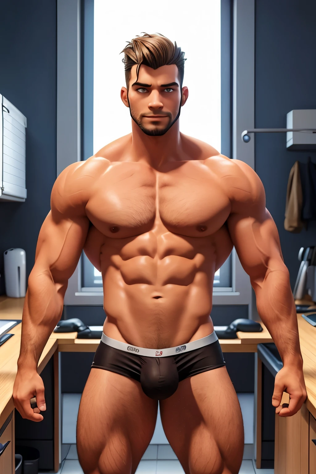 clear image, um jovem, Rom, handsome and strong man by the pool，Vestir&#39; Create image of handsome man wearing red leather micro thong with bulge, pernas torneadas, no deformations, imagem 16k, ultraHD, imagem corpo todo, without any deformation