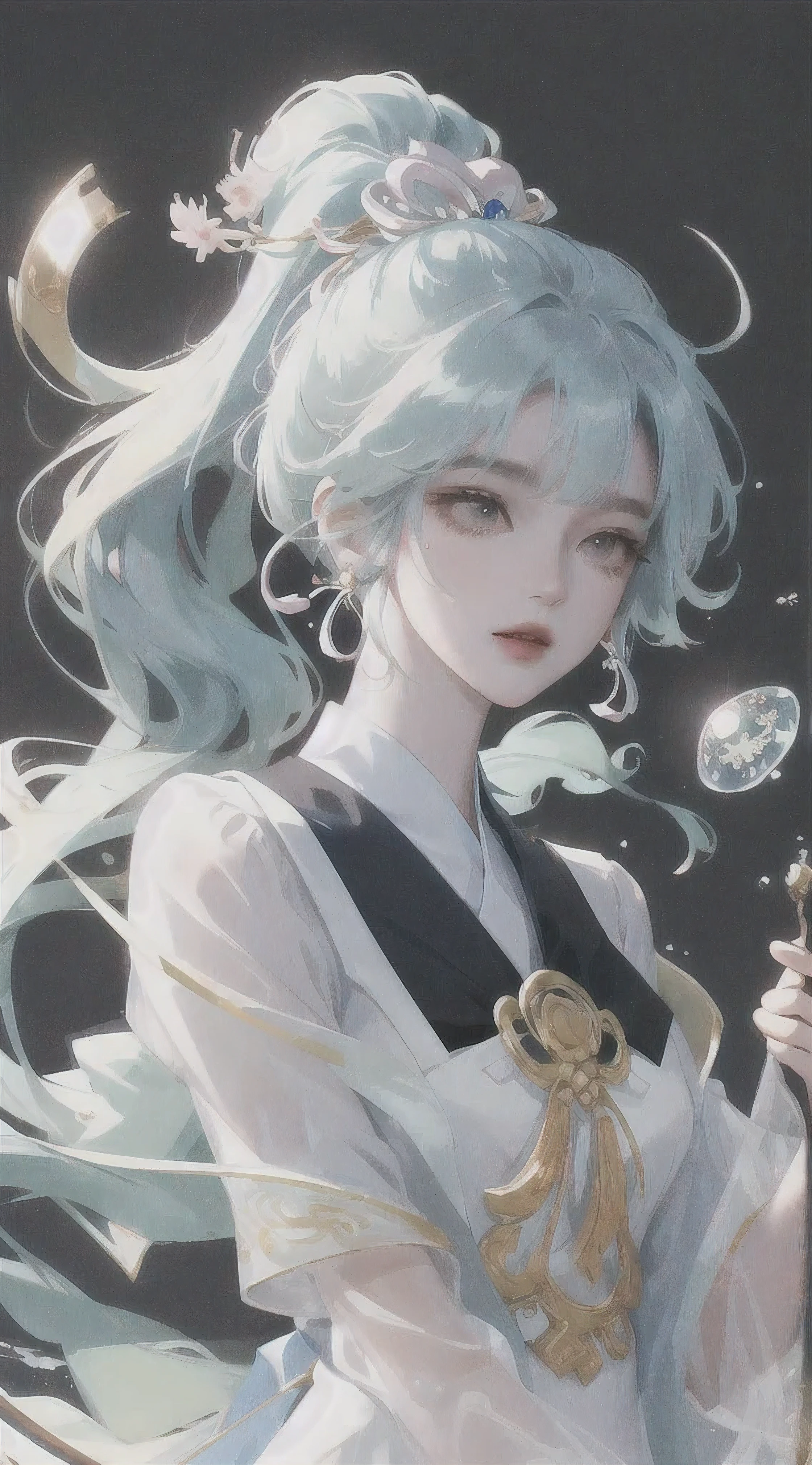 (masterpiece), (best quality), (super detailed),(bun hair),(illustration), (1 girl), (fashion clothing), Permanent installation, fashion model, looking at the audience, (interview), (simple background), beautiful and delicate eyes, Exquisite and beautiful, floating, (high saturation), (colorful splash), Colorful bubbles, (shine), focus on face, ponytail, Ayaka Kamisato, light blue hair, Bangs, hair ring, floating flowers, flowing hair, (Shiny), best lighting, best shadow, whole body, imagine