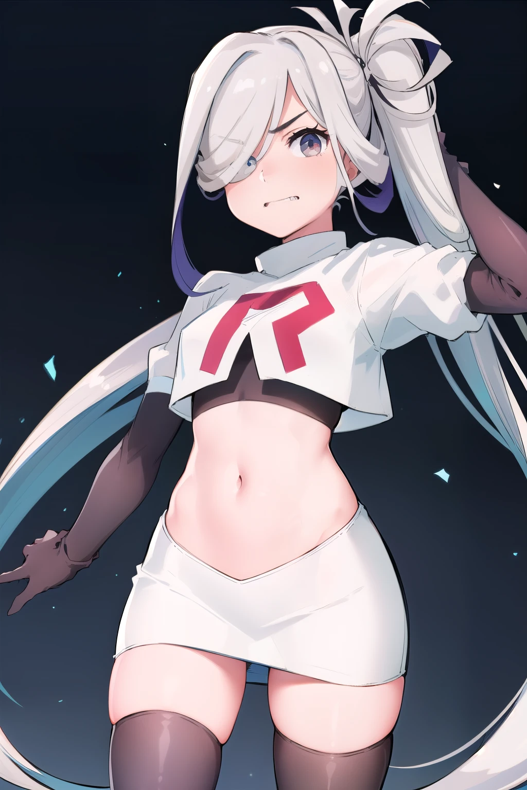 (masterpiece, best quality:1.2), cowboy shot, solo, 1girl, asashimo, sharp teeth, looking at viewer, hair over one eye, ahoge, ponytail, team rocket,team rocket uniform, red letter R, white skirt,white crop top,black thigh-highs,black elbow gloves