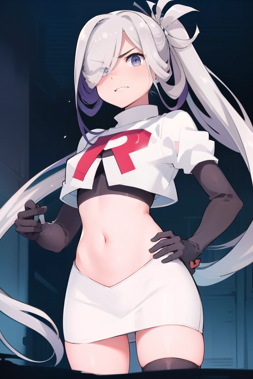 (masterpiece, best quality:1.2), cowboy shot, solo, 1girl, asashimo, sharp teeth, looking at viewer, hair over one eye, ahoge, ponytail, team rocket,team rocket uniform, red letter R, white skirt,white crop top,black thigh-highs,black elbow gloves