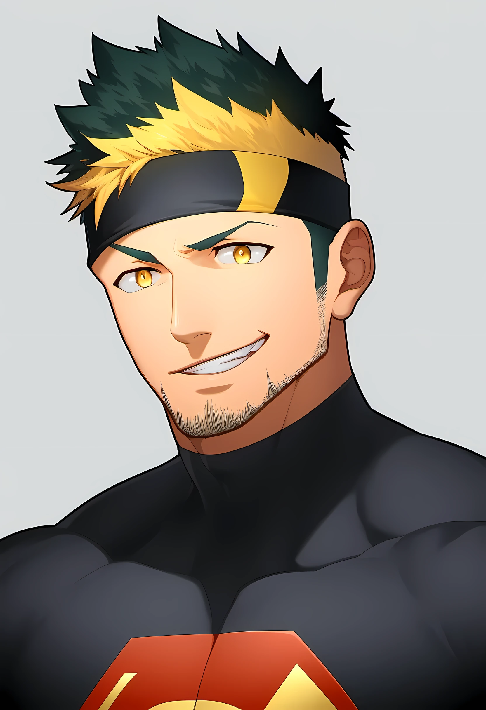 anime characters:Guy, Priapus, 1个年轻的muscular man, male focus, Sporty black headband, Black Turtleneck Superman Tight T-Shirt, superman logo, muscular man, extra large breasts, only, Upper body, alone, short yellow hair, stubble, yellow eyes, blink, White background, simple background, amazing quality, best aesthetics, Ridiculous, bright pupils, short hair, naughty face, torogao, open lips, best quality
