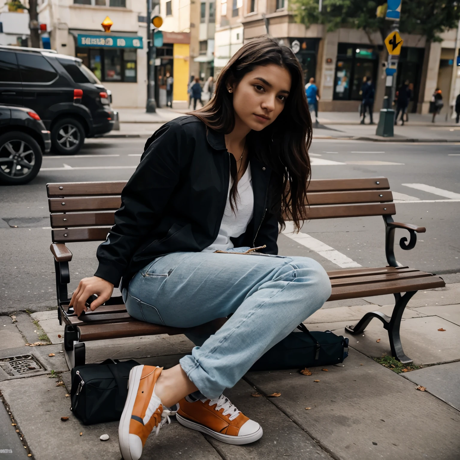 make a homeless person lying on a bench and citizens passing by, completely ignoring his existence