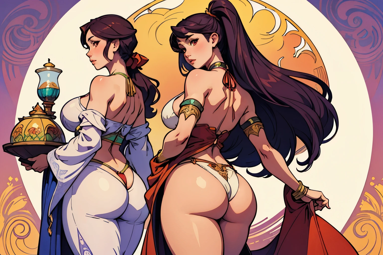 ((masterpiece)), (best quality), (ish), Art Nouveau watercolor painting , moon goddess , Big breasts,robe,thong,Show your neck,bare shoulders,Show belly button,camel toe exposed,big eyes, long, thick eyelashes, plump lips, dark red eyes, hair long and thick, high ponytail, chubby, flowery_background, Intricate designs and patterns in the style of Alphonse Mucha.from behind
