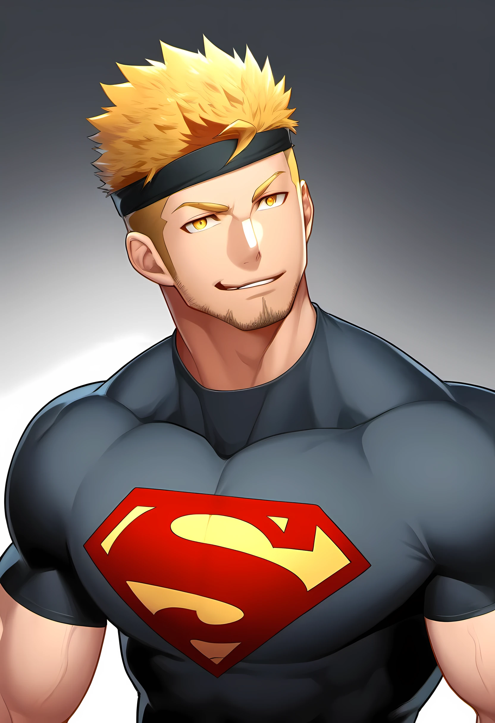 anime characters：Guy, Priapus, 1个年轻的muscular man, male focus, Sporty black headband, Black Turtleneck Superman Tight T-Shirt, superman logo, muscular man, extra large breasts, only, Upper body, alone, short yellow hair, stubble, yellow eyes, blink, White background, simple background, amazing quality, best aesthetics, Ridiculous, bright pupils, short hair, naughty face, torogao, open lips, best quality