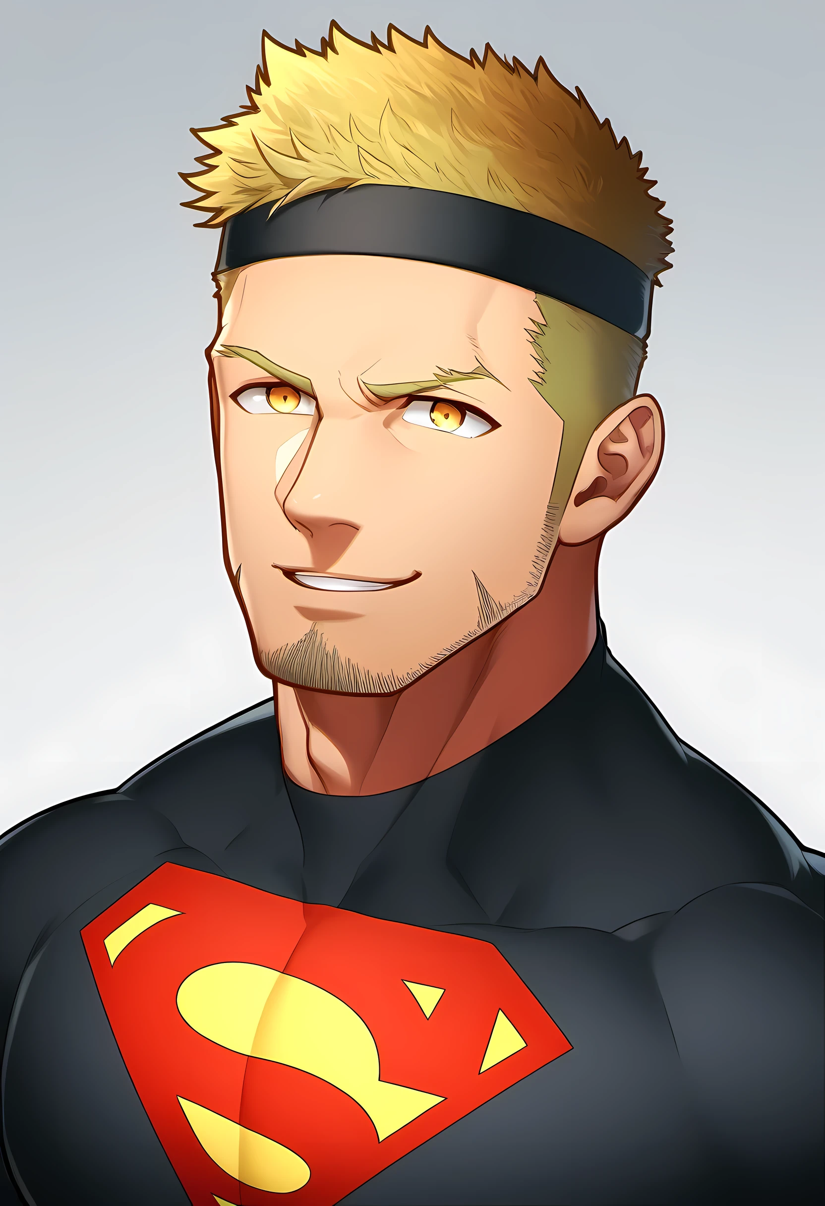 anime characters:Guy, Priapus, 1个年轻的muscular man, male focus, Sporty black headband, Black Turtleneck Superman Tight T-Shirt, superman logo, muscular man, extra large breasts, only, Upper body, alone, short yellow hair, stubble, yellow eyes, blink, White background, simple background, amazing quality, best aesthetics, Ridiculous, bright pupils, short hair, naughty face, torogao, open lips, best quality
