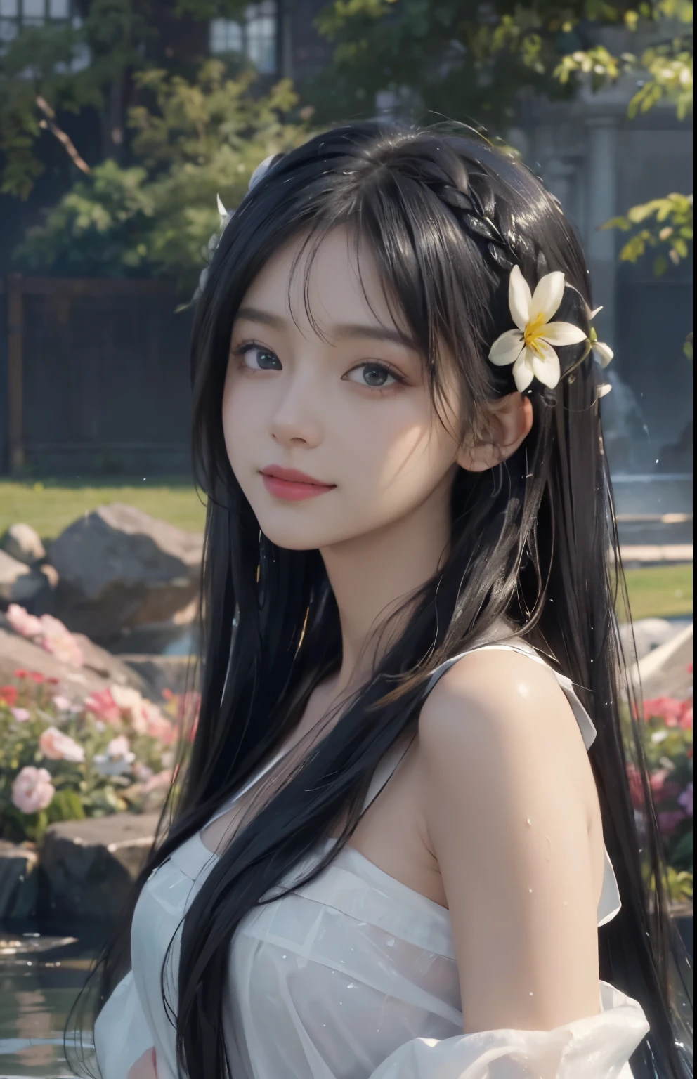 (A hyper-realistic)、(hight resolution)、(8K)、(highly detailed)、(Best Illustration)、(beautifully detailed eyes)、(top-quality)、(ultra-detailliert)、(masterpiece)、(wall-paper)、(A detailed face)、solo、1 girl in、looking at viewert、fine detailed、A detailed face、in the darkness nigth、deep-shadows、lowkey、pureerosfaceace_v1、A smile、long、Black straight hair、46-point diagonal bangs、Wet hair、Wet skin、Back、Hair spreads、See-through stole on shoulder、Dynamic Posing、Lots of flowers in the background、Big hair ornament