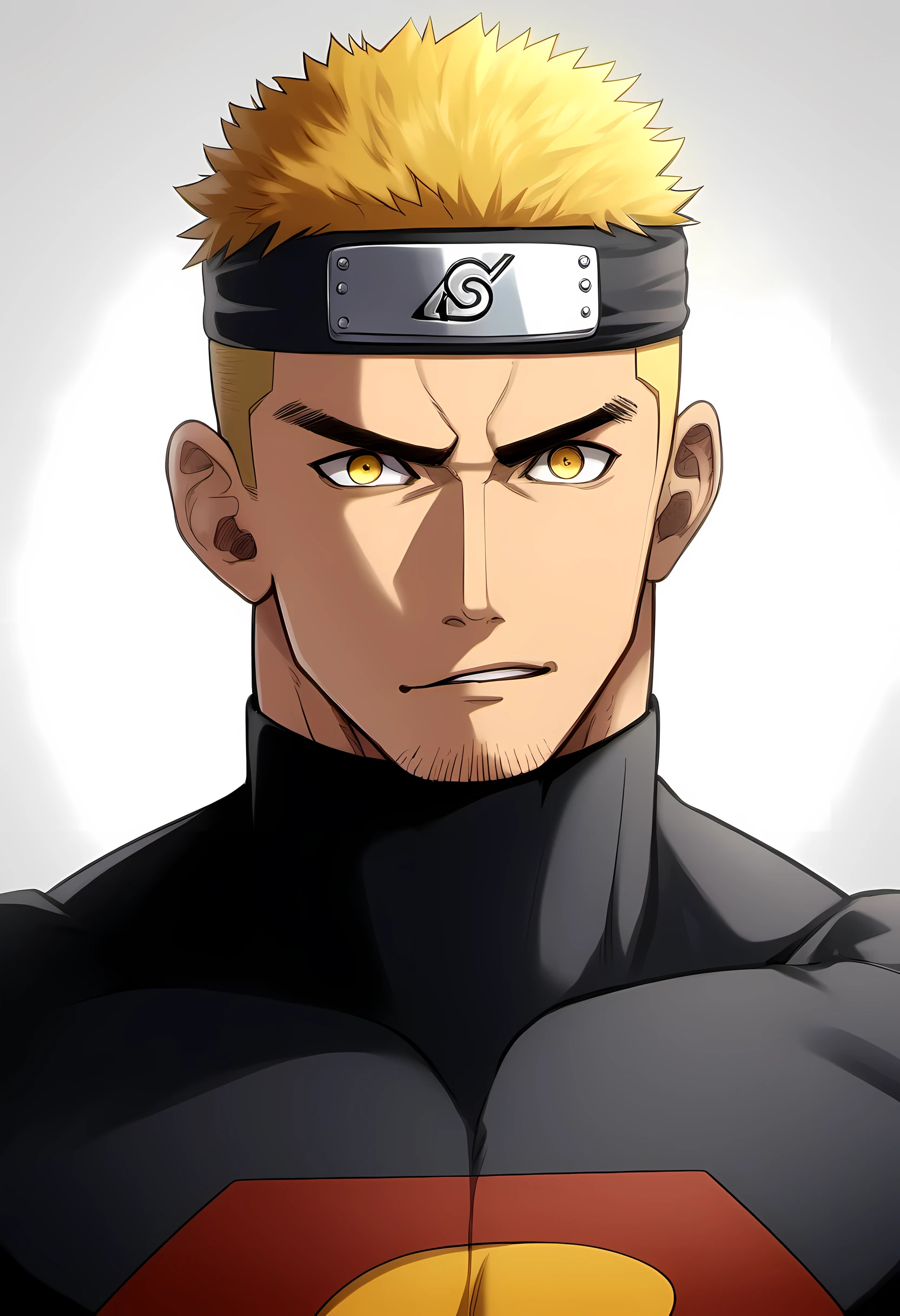 anime characters：Naruto, asthma, 1个年轻的muscular man, male focus, Sporty black headband, Black Turtleneck Superman Tight T-Shirt, superman logo, muscular man, extra large breasts, only, Upper body, alone, short yellow hair, stubble, yellow eyes, blink, White background, simple background, amazing quality, best aesthetics, Ridiculous, bright pupils, short hair, naughty face, torogao, open lips, best quality