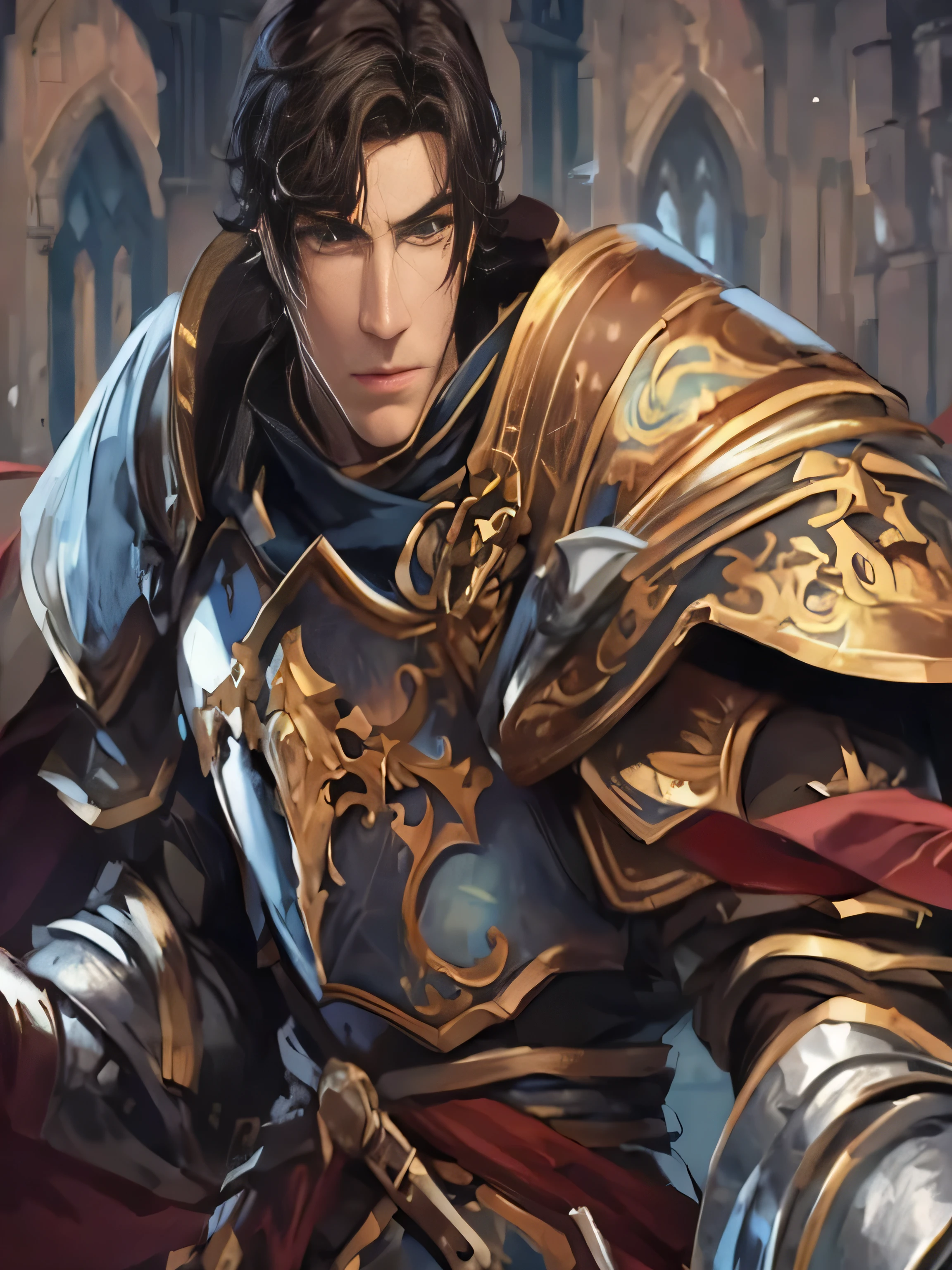 a close up of a man in armor holding a sword, arsen lupin as a paladin, a human male paladin, male paladin, casimir art, sylas, granblue fantasy, picture of a male cleric, arvalis, handsome guy in demon slayer art, fantasy paladin, painting of a knight, paladin, paul atreides