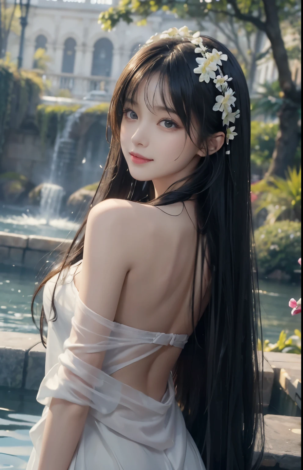 (A hyper-realistic)、(hight resolution)、(8K)、(highly detailed)、(Best Illustration)、(beautifully detailed eyes)、(top-quality)、(ultra-detailliert)、(masterpiece)、(wall-paper)、(A detailed face)、solo、1 girl in、looking at viewert、fine detailed、A detailed face、in the darkness nigth、deep-shadows、lowkey、pureerosfaceace_v1、A smile、long、Black straight hair、46-point diagonal bangs、Wet hair、Wet skin、Back、Hair spreads、See-through stole on shoulder、Dynamic Posing、Lots of flowers in the background、Big hair ornament