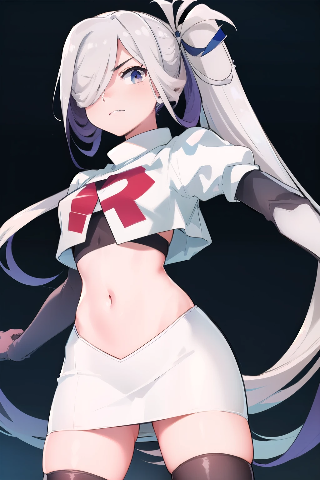 (masterpiece, best quality:1.2), cowboy shot, solo, 1girl, asashimo, sharp teeth, looking at viewer, hair over one eye, ahoge, ponytail, team rocket,team rocket uniform, red letter R, white skirt,white crop top,black thigh-highs,black elbow gloves